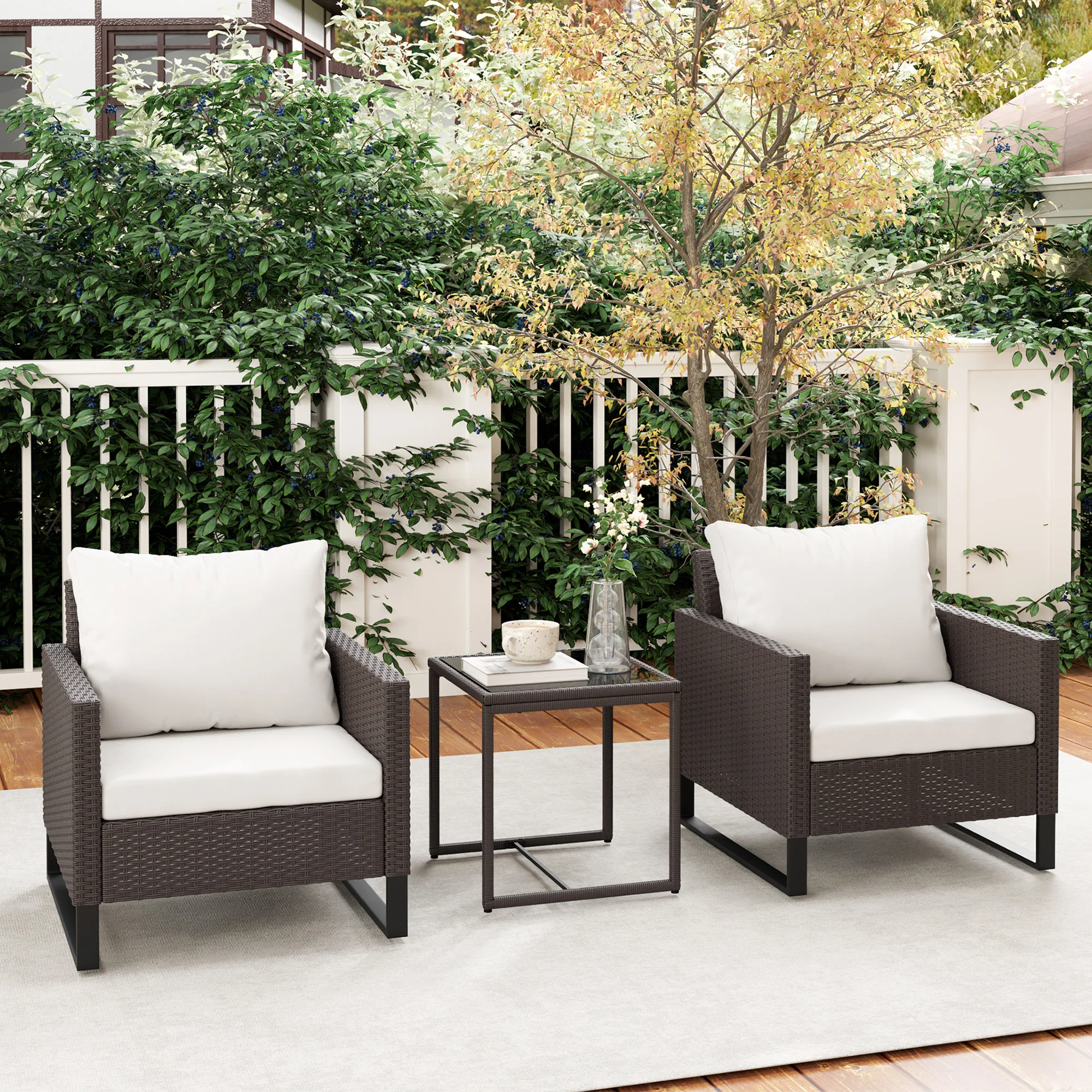 Outsunny 3PCS Rattan Bistro Set Glass Top Table and Chairs with 4 Cushions - Image 7