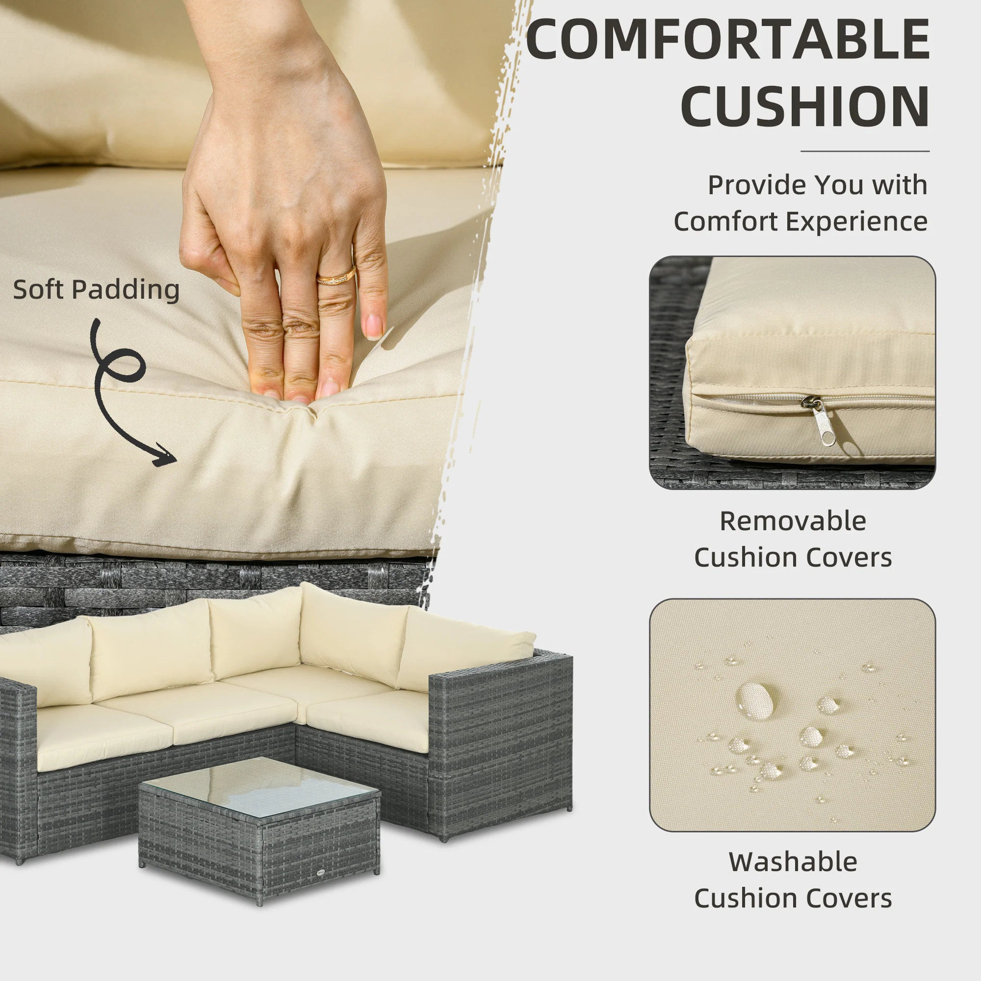 Outsunny 3Pcs Rattan Corner Sofa Set Coffee Table Garden Furniture  w/ Cushion - Image 4