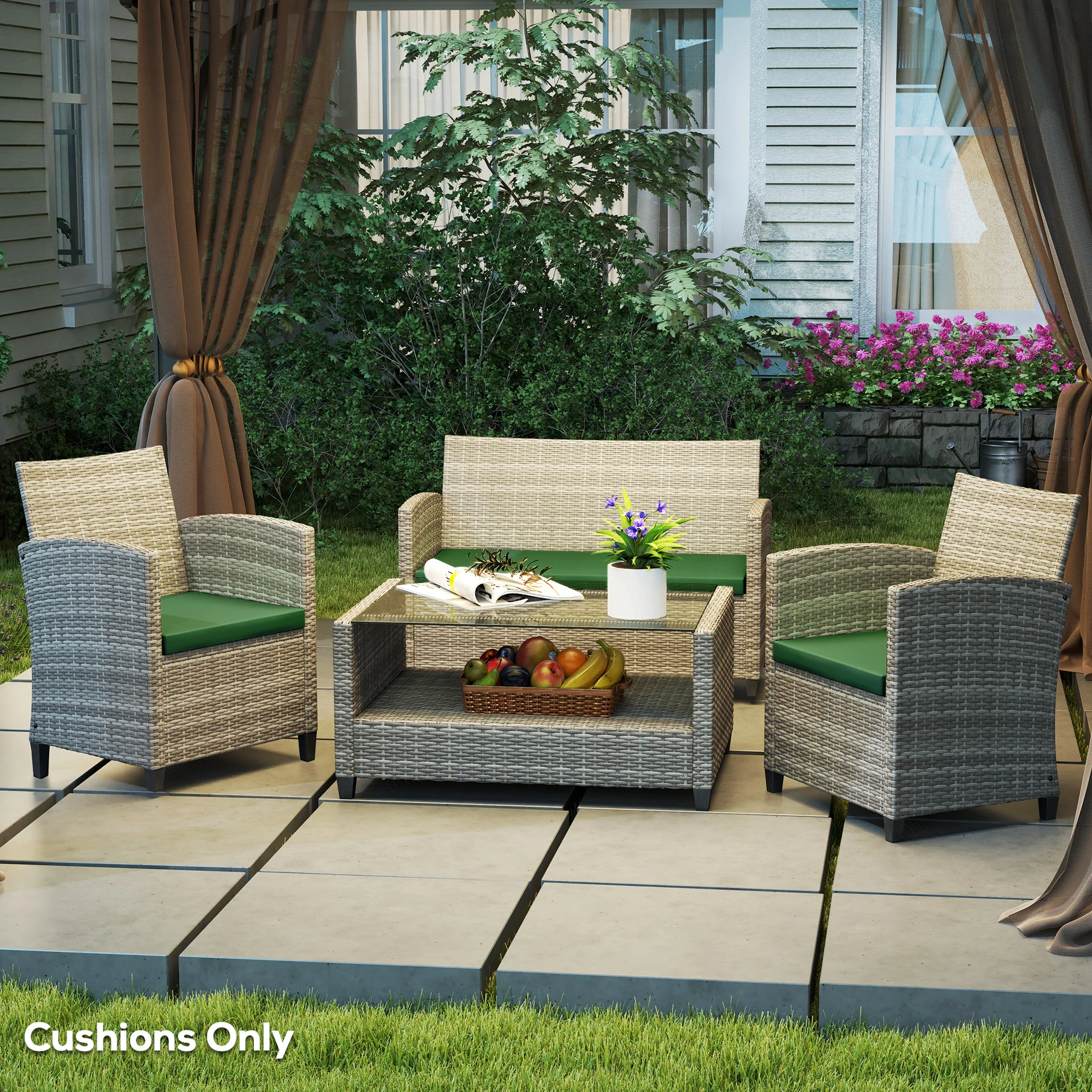 Outsunny 3PCs Rattan Garden Seat Cushions Pads for Patio Furniture Green - Image 26