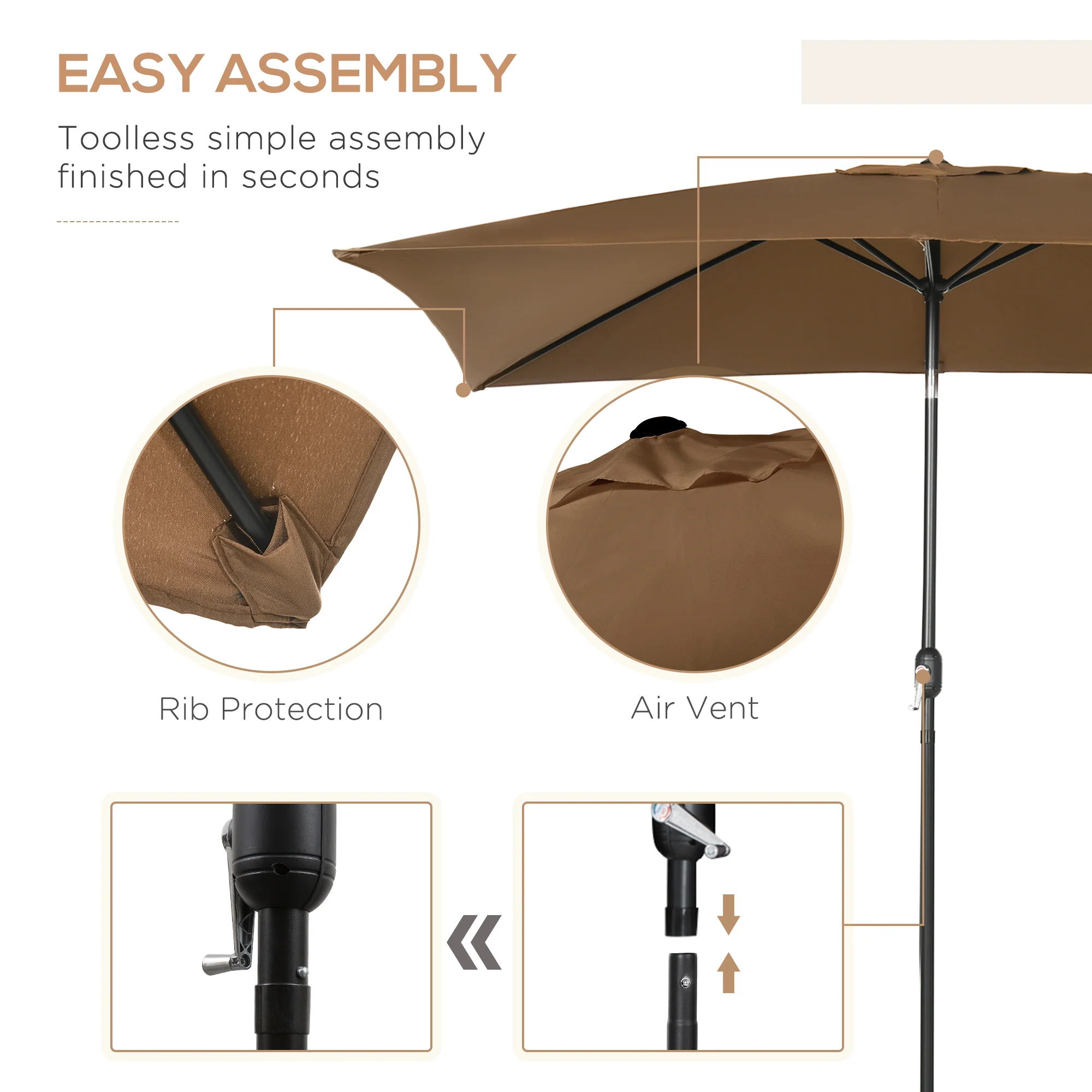 Outsunny 3x2m Patio Parasol Canopy Tilt Crank 6 Ribs Sun Shade Garden Brown - Image 6