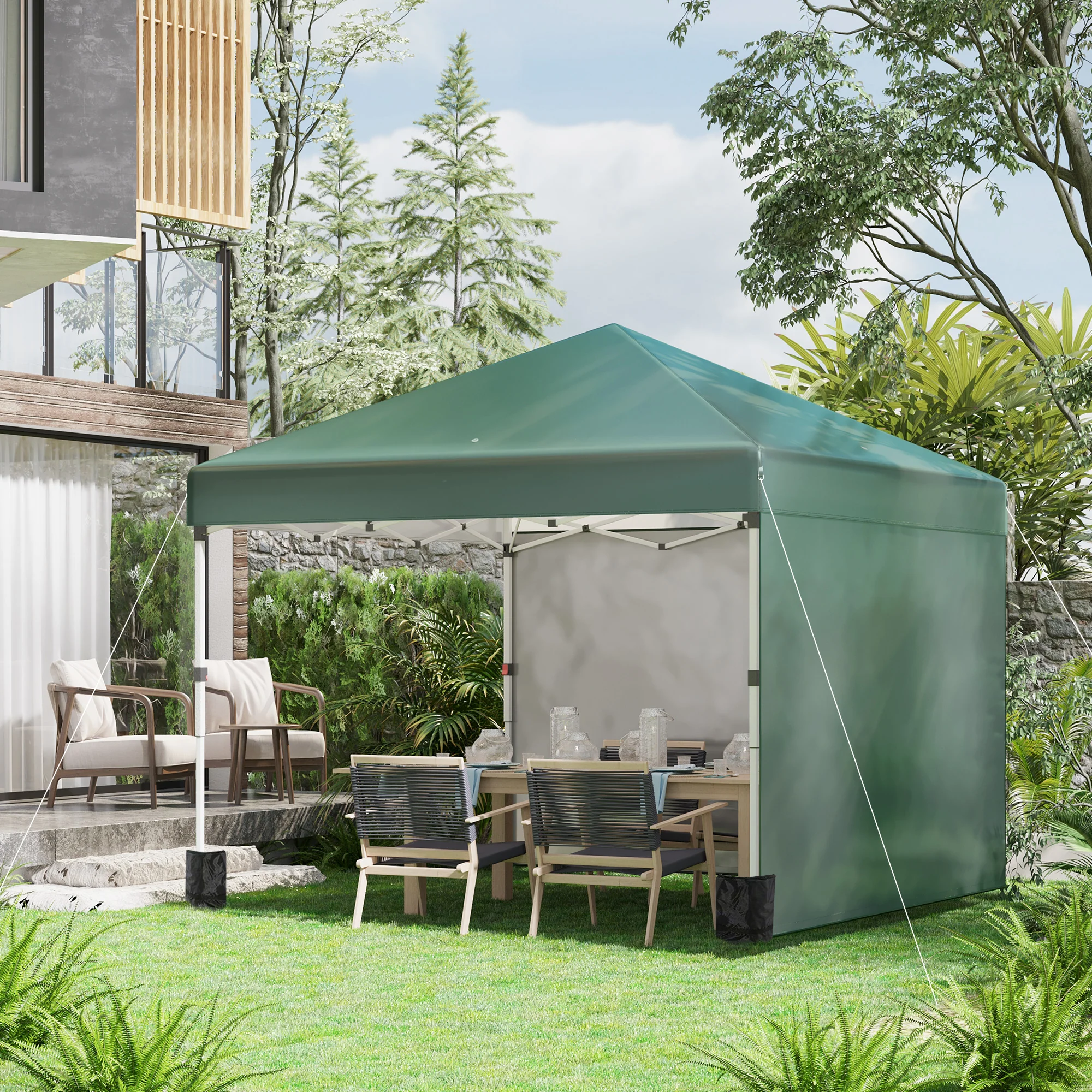 Outsunny 3x3 (M) Pop Up Gazebo Party Tent w/ 2 Sidewalls, Weight Bags, Green - Image 2