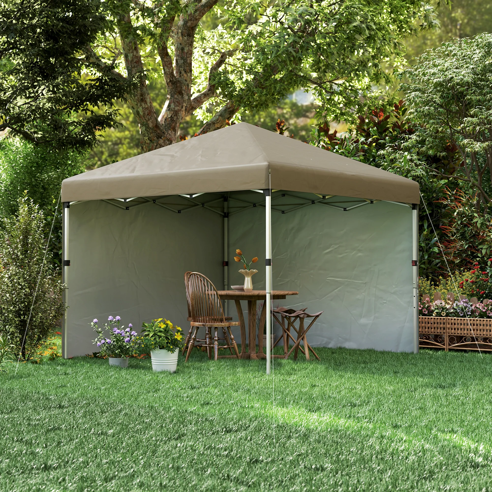 Outsunny 3x3 (M) Pop Up Gazebo Party Tent w/ 2 Sidewalls, Weight Bags Khaki - Image 9