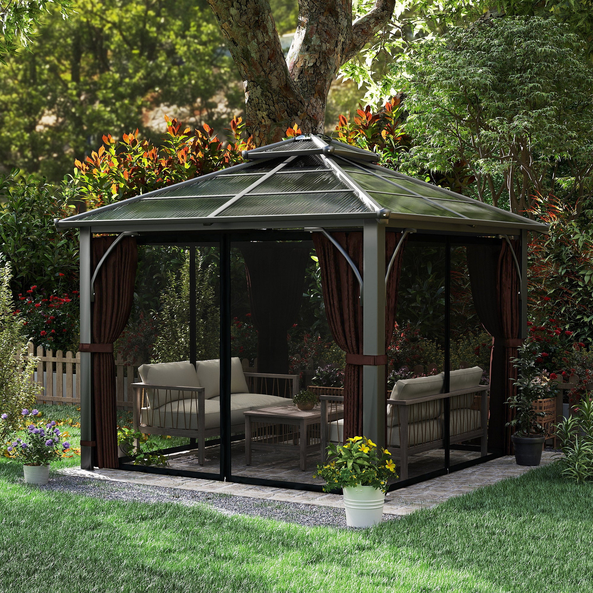 Outsunny 3x3(m) Hardtop Gazebo With Polycarbonate Roof & Sides, Grey - Image 9