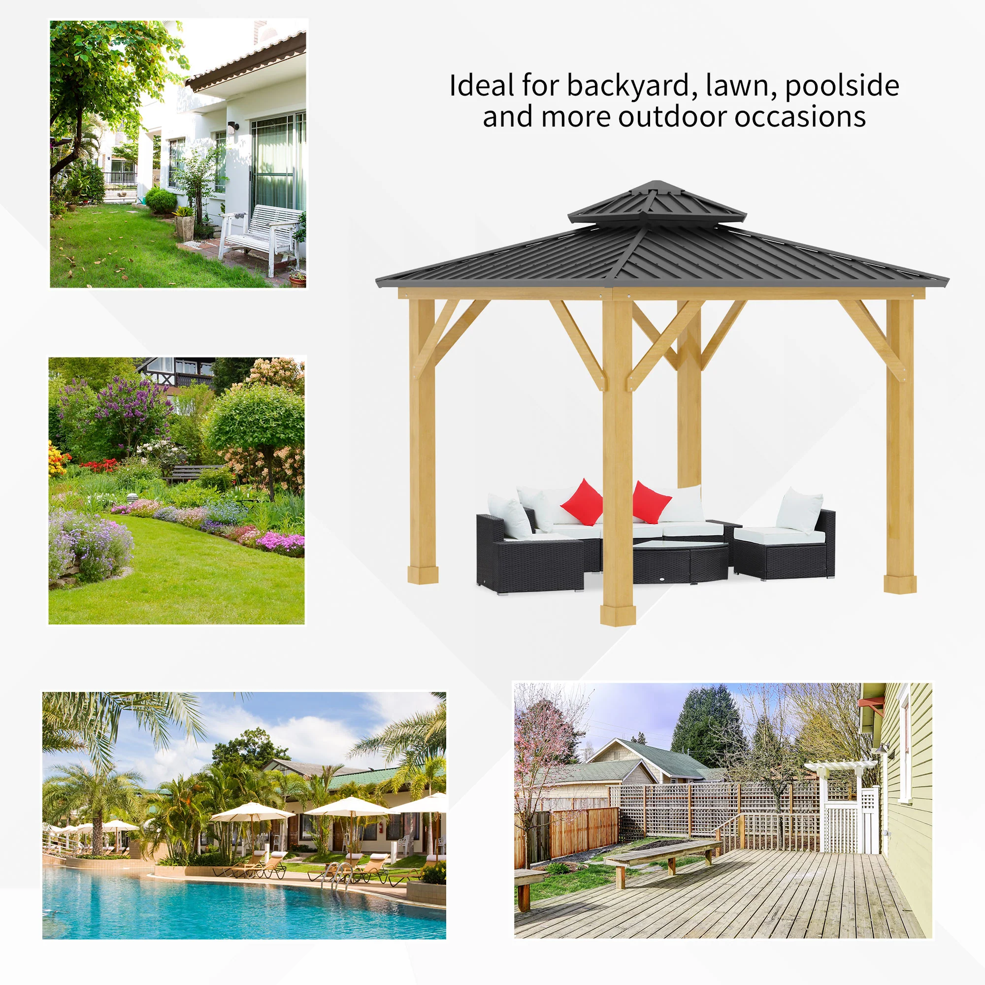 Outsunny 3x(3)M Outdoor Hardtop Gazebo Canopy with 2-Tier Roof and Solid Wood Frame Outdoor Patio Shelter for Patio, Garden, Grey - Image 6