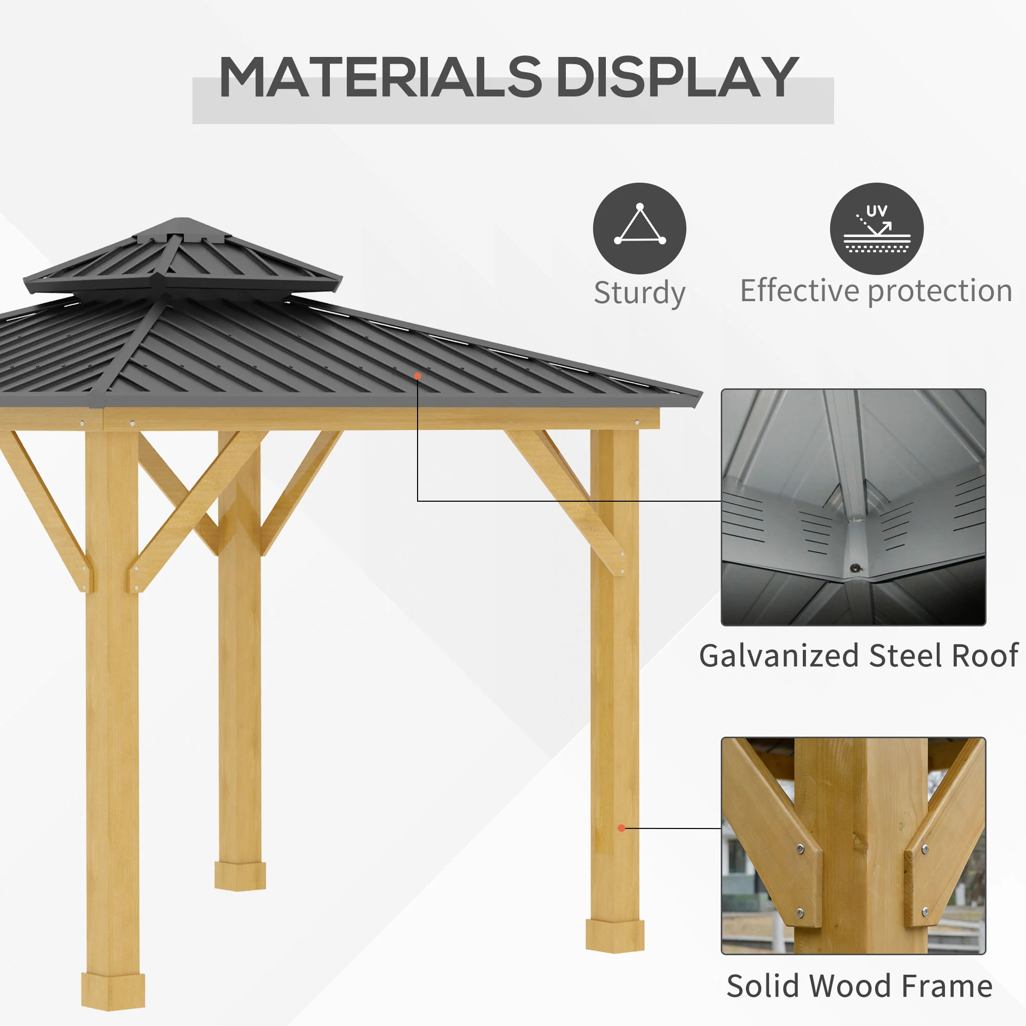 Outsunny 3x(3)M Outdoor Hardtop Gazebo Canopy with 2-Tier Roof and Solid Wood Frame Outdoor Patio Shelter for Patio, Garden, Grey - Image 3
