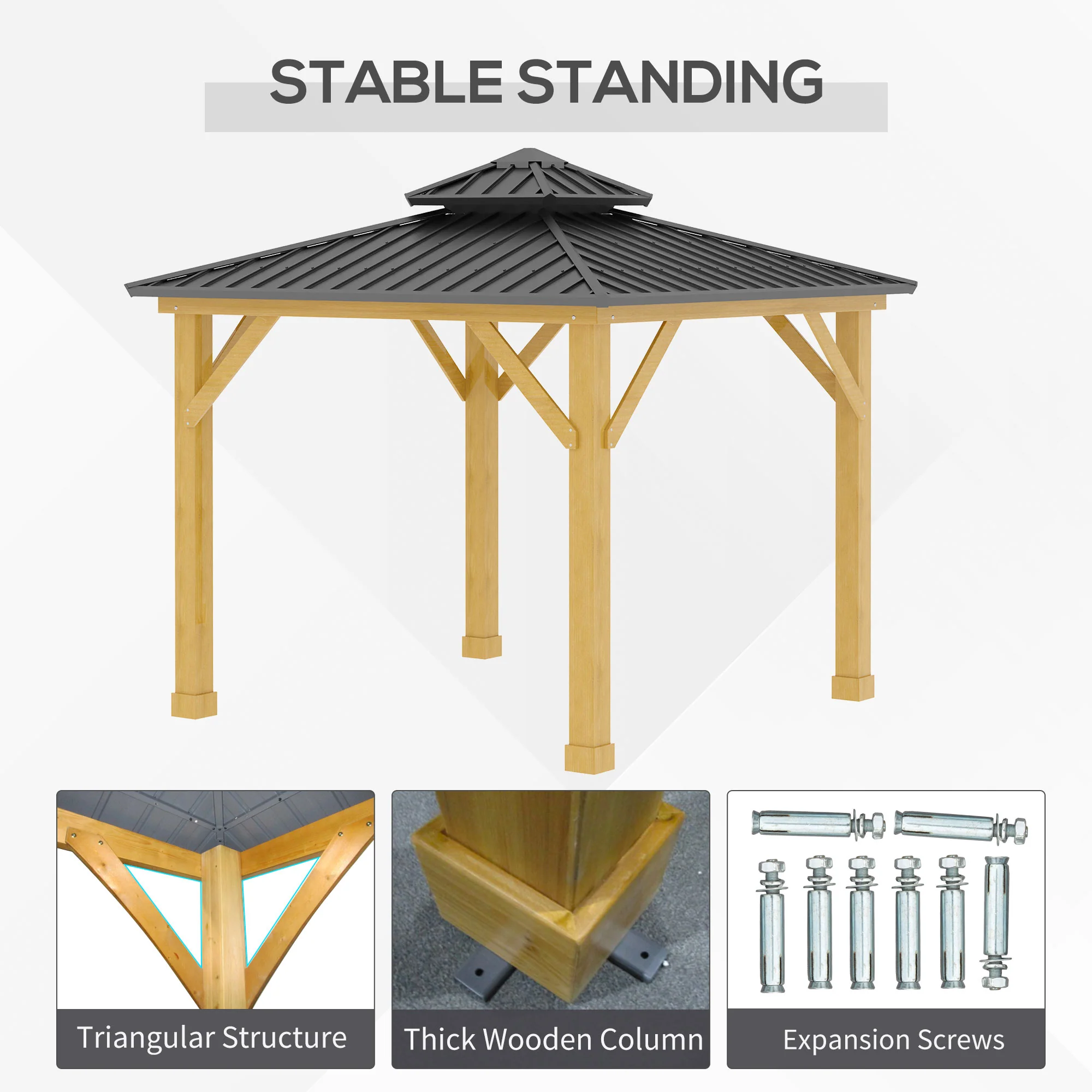 Outsunny 3x(3)M Outdoor Hardtop Gazebo Canopy with 2-Tier Roof and Solid Wood Frame Outdoor Patio Shelter for Patio, Garden, Grey - Image 4