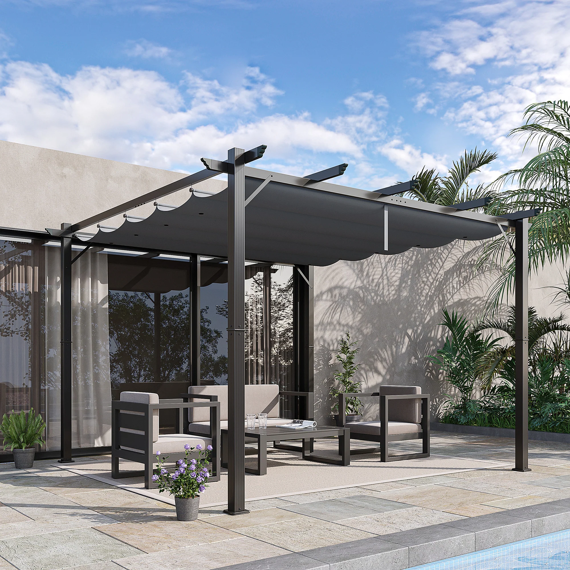 Outsunny 3x3(m) Pergola Gazebo Sun Shade Shelter Aluminium Garden Canopy, Grey - Image 2
