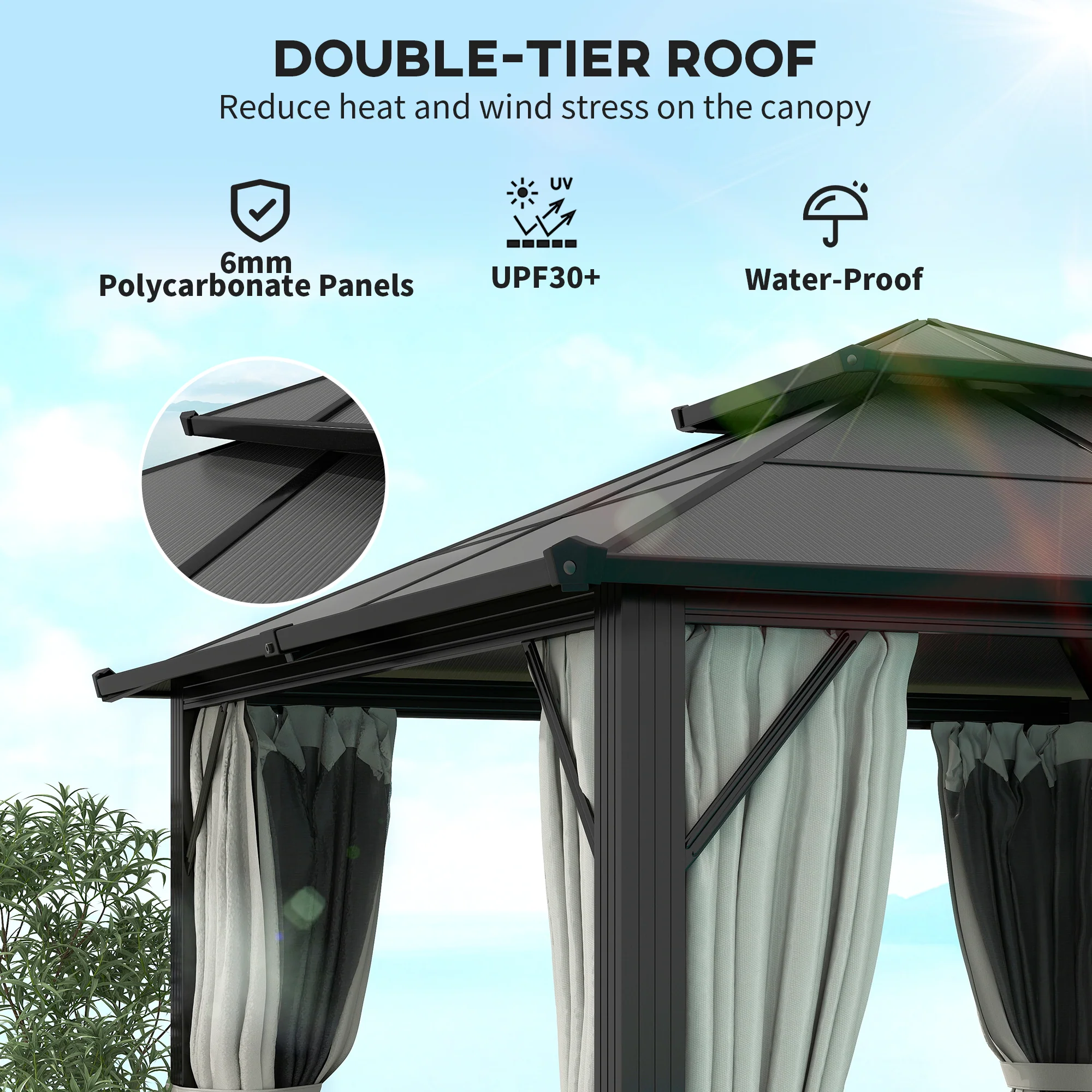 Outsunny 3x3(m) Polycarbonate Hardtop Gazebo with Aluminium Frame - Image 3