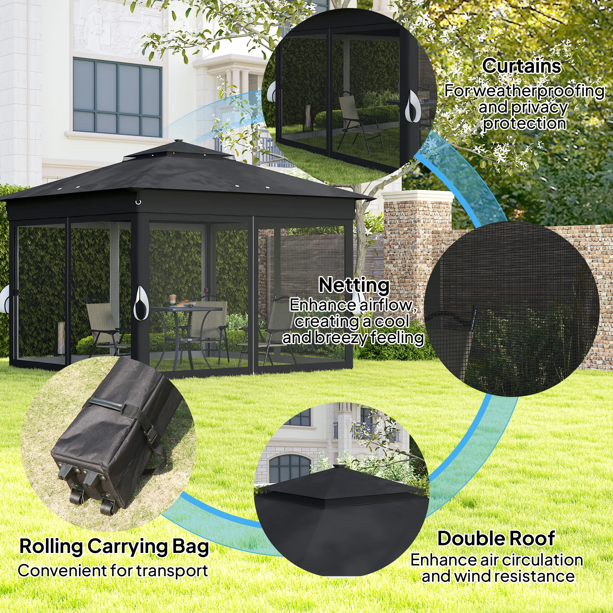 Outsunny 3x3(m) Pop Up Gazebo w/ Solar-Powered LED Lights Netting Black - Image 4