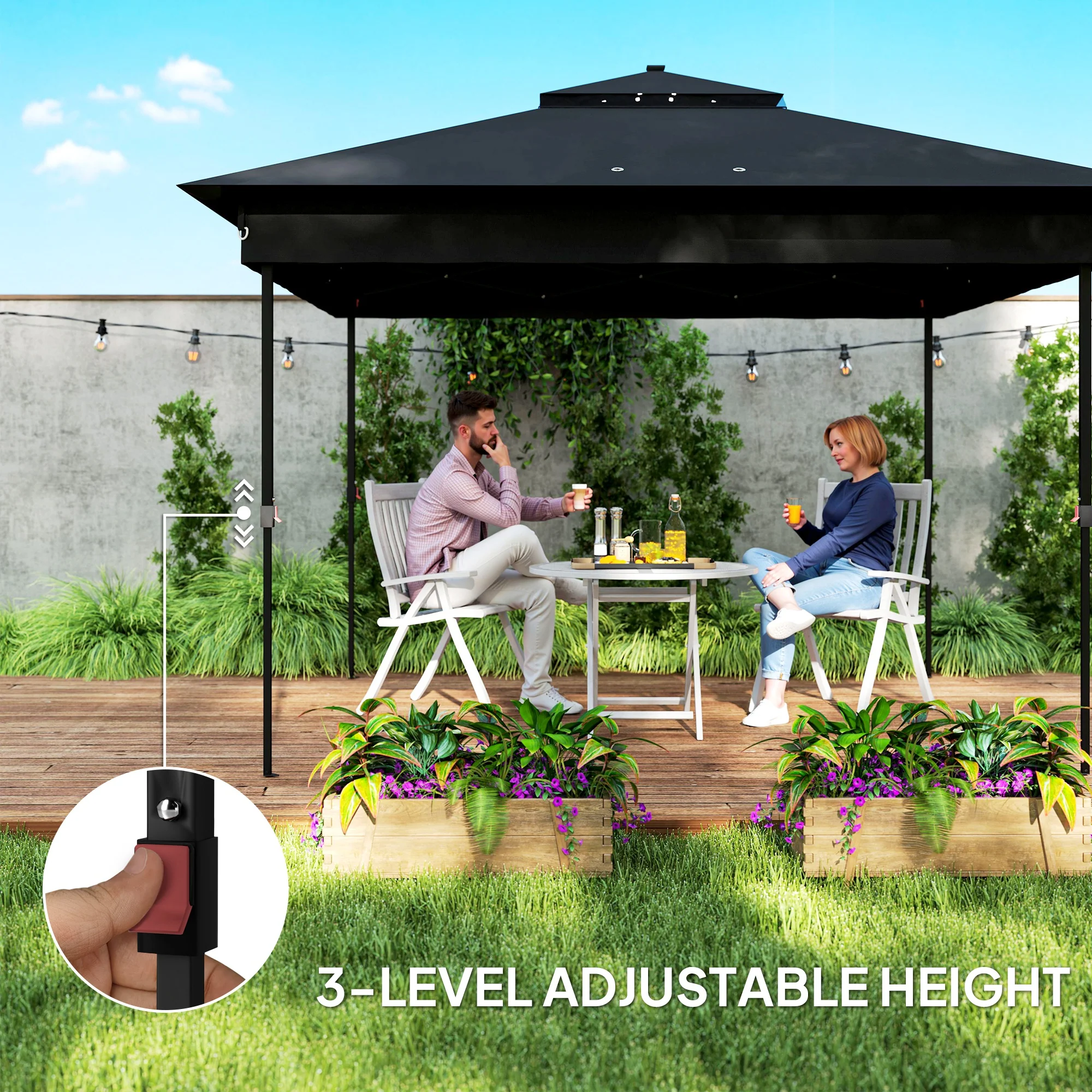 Outsunny 3x3(m) Pop Up Gazebo w/ Solar-Powered LED Lights Netting Black - Image 7