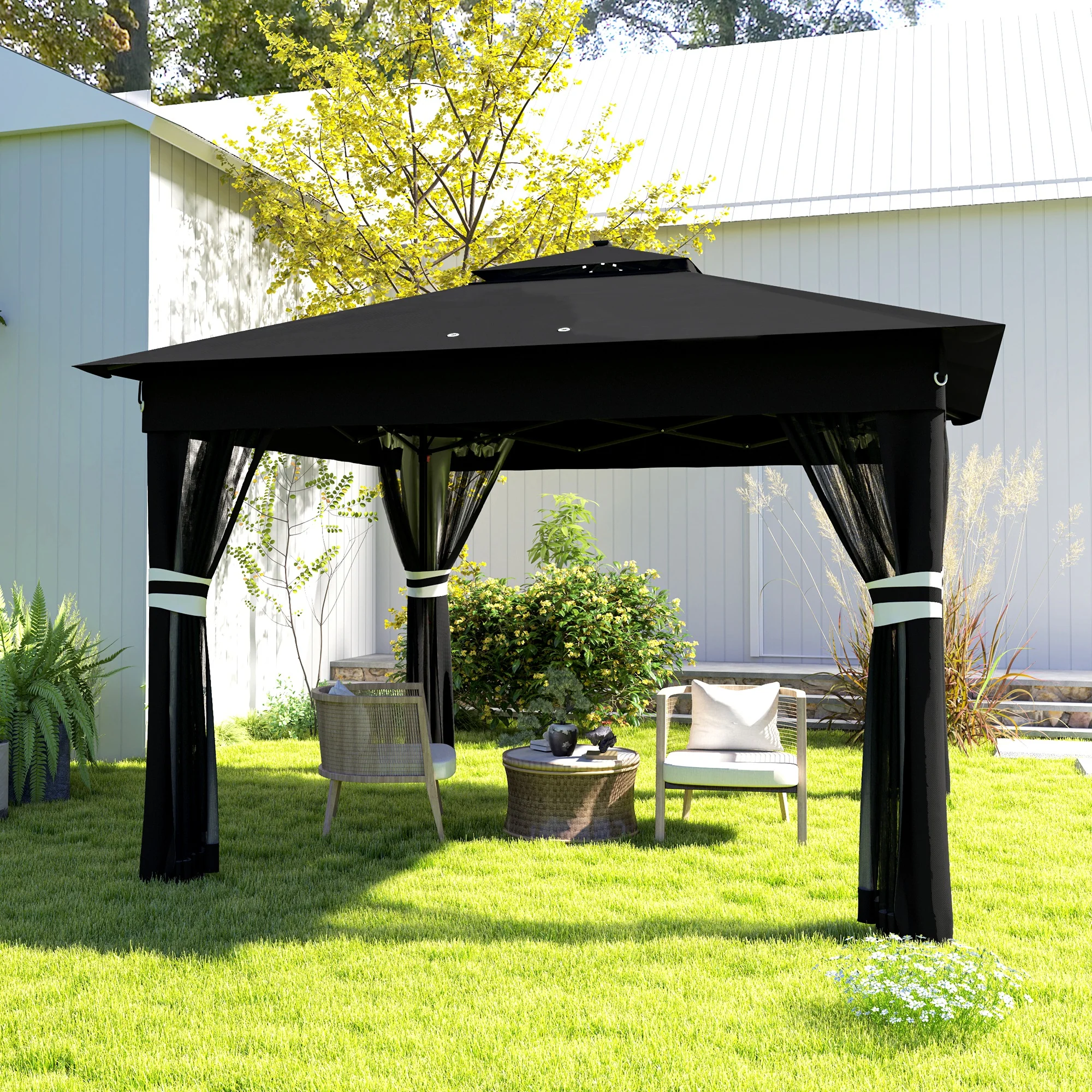 Outsunny 3x3(m) Pop Up Gazebo w/ Solar-Powered LED Lights Netting Black - Image 8