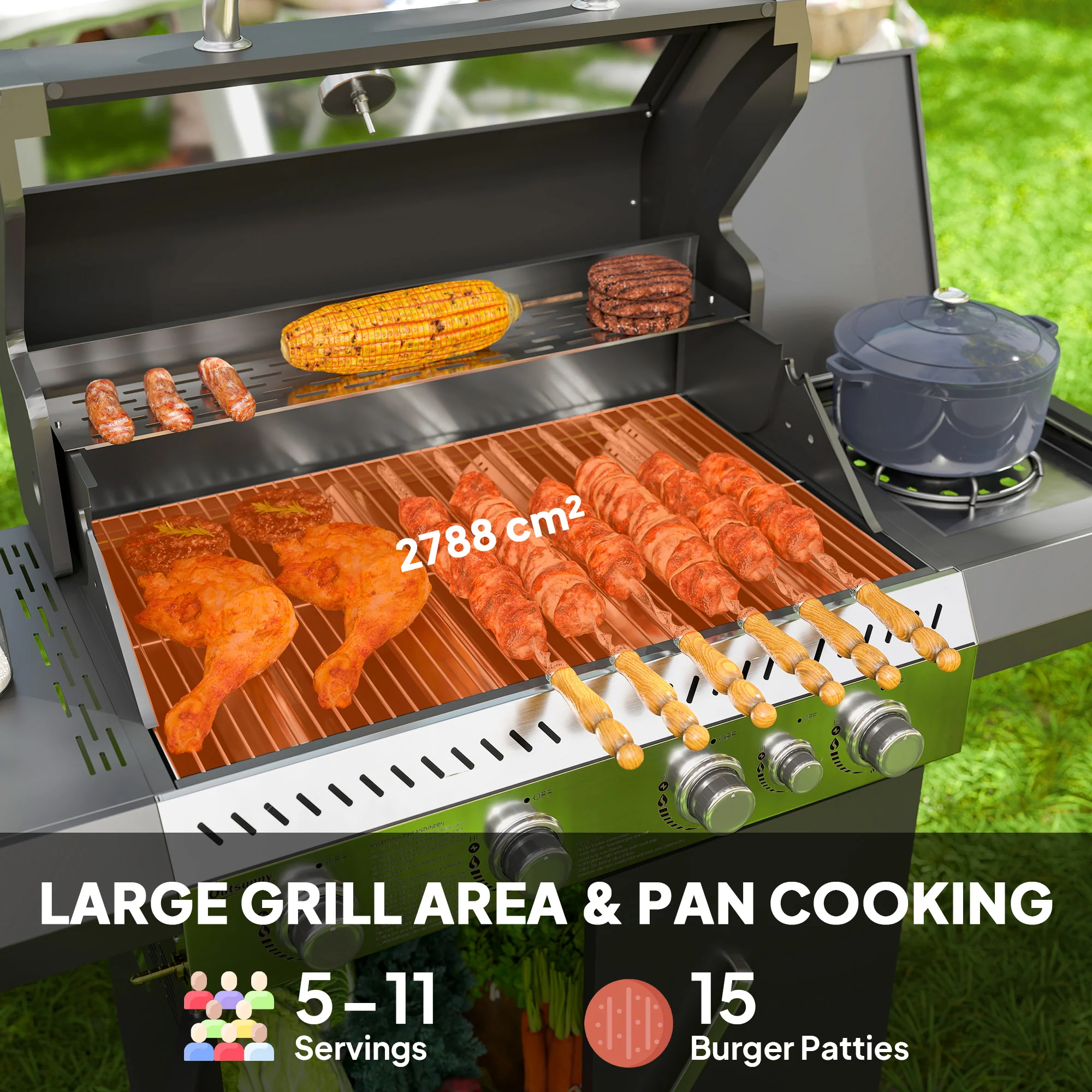Outsunny 4+1 Burner Gas BBQ Grill with Clear View Lid, Thermometer, Black - Image 3