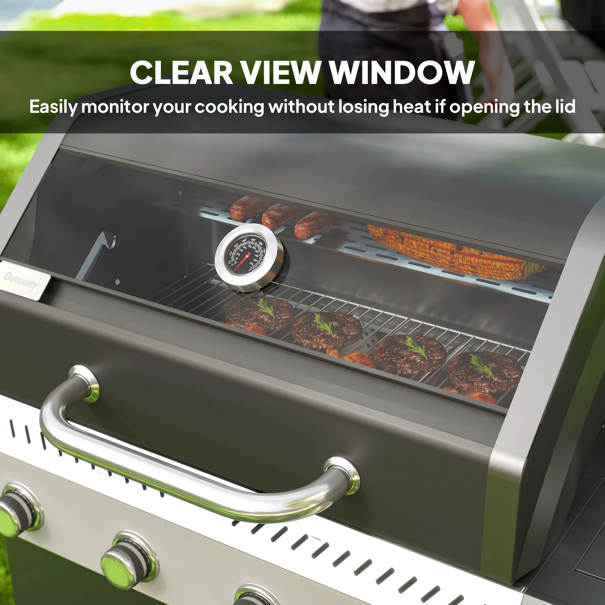 Outsunny 4+1 Burner Gas BBQ Grill with Clear View Lid, Thermometer, Black - Image 4