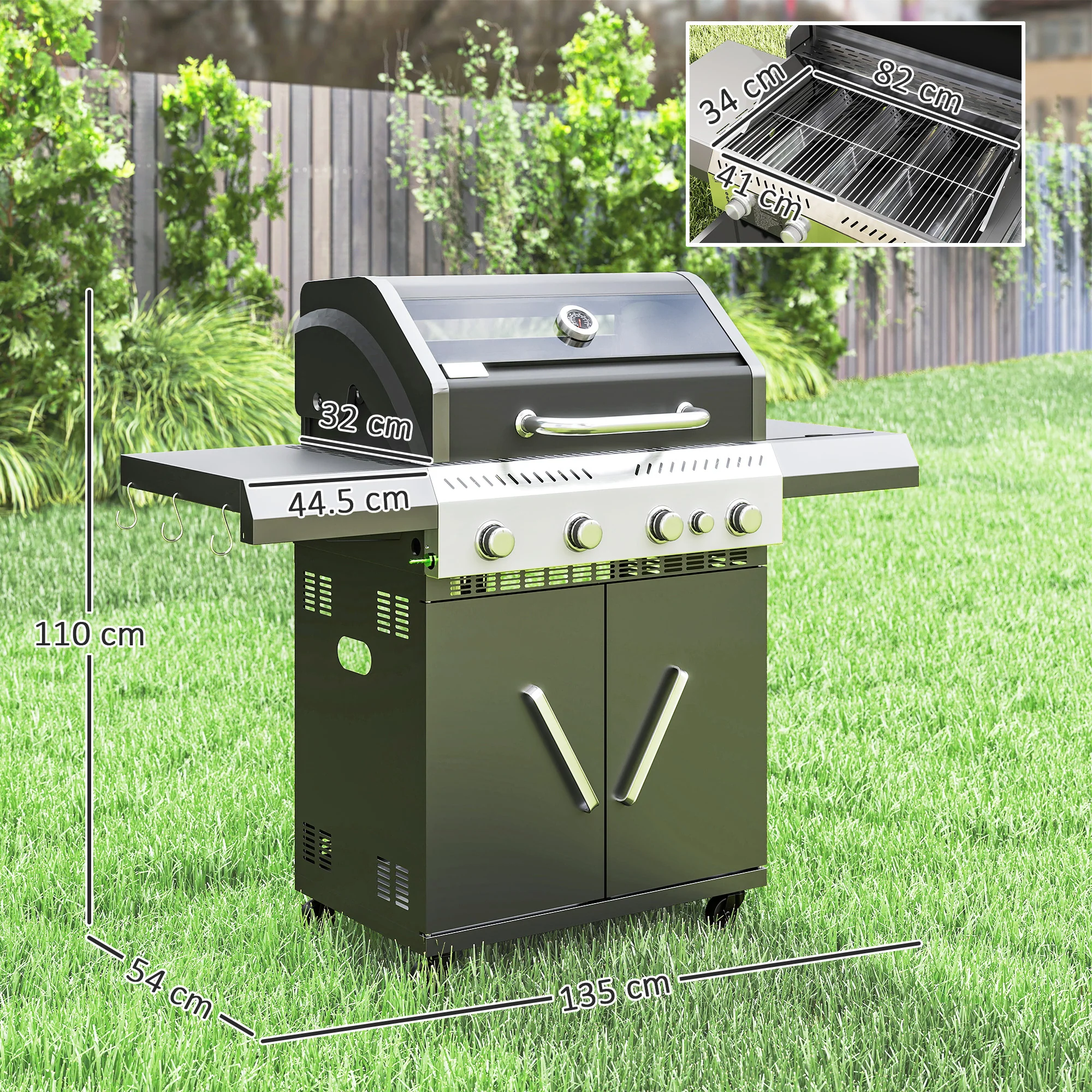 Outsunny 4+1 Burner Gas BBQ Grill with Clear View Lid, Thermometer, Black - Image 5