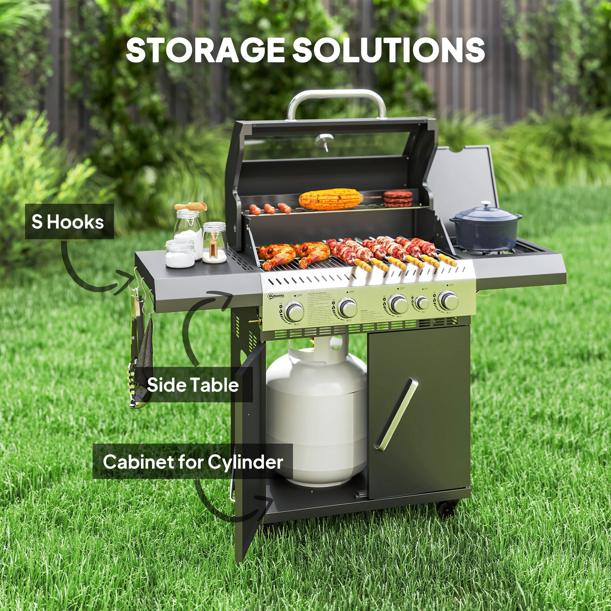 Outsunny 4+1 Burner Gas BBQ Grill with Clear View Lid, Thermometer, Black - Image 7