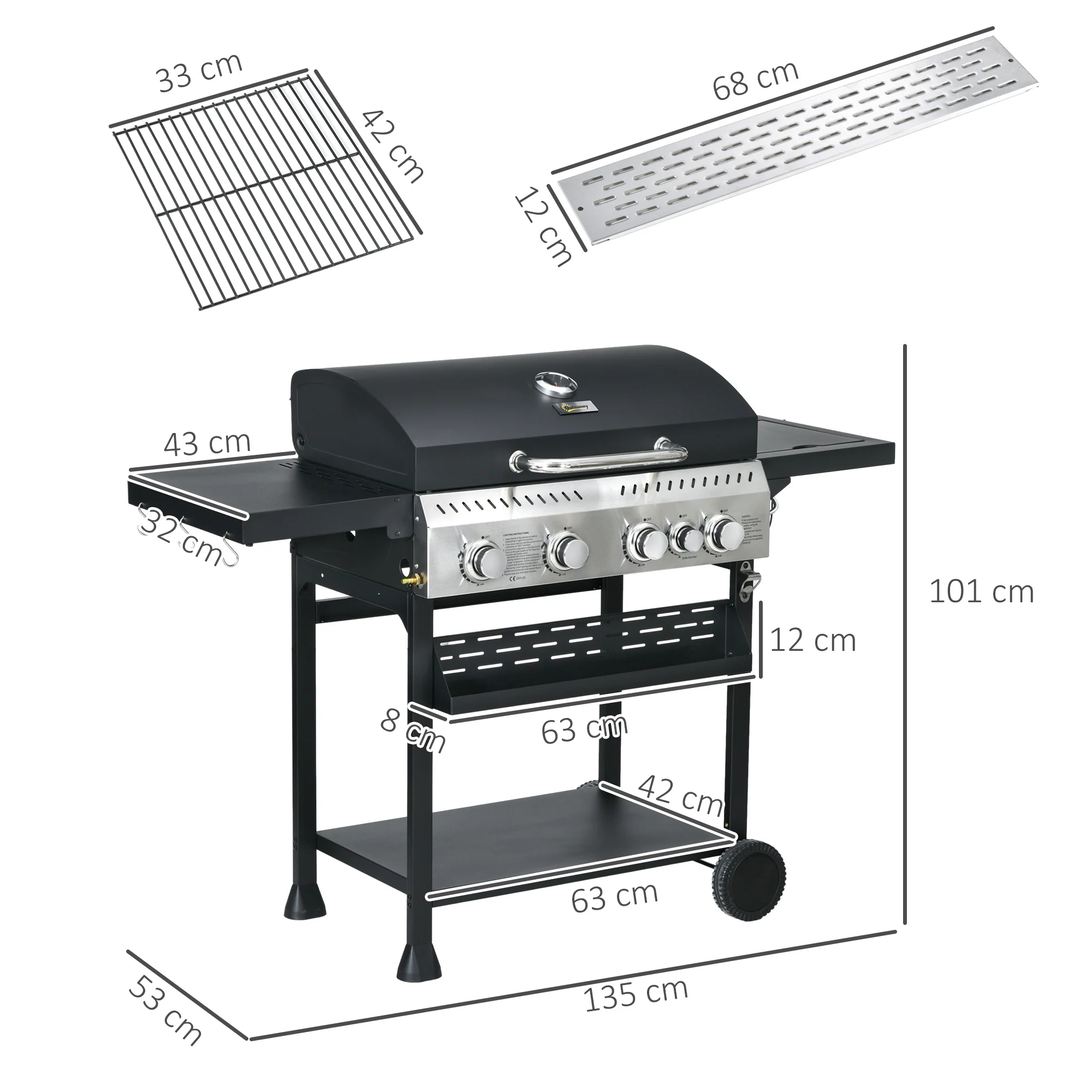 Outsunny 4+1 Burner Propane Gas Barbecue Grill with Thermometer, Bottle Opener - Image 5