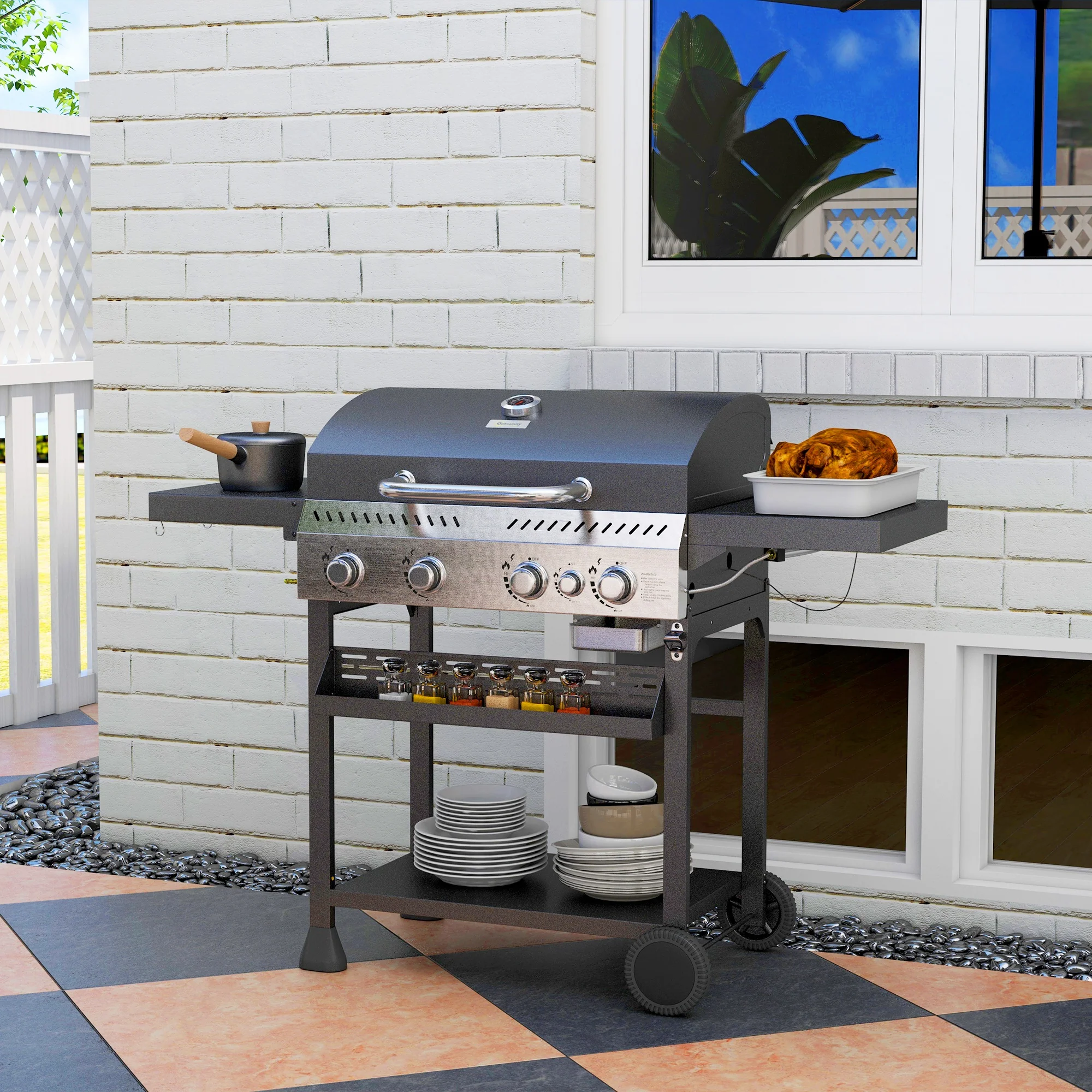 Outsunny 4+1 Burner Propane Gas Barbecue Grill with Thermometer, Bottle Opener - Image 9