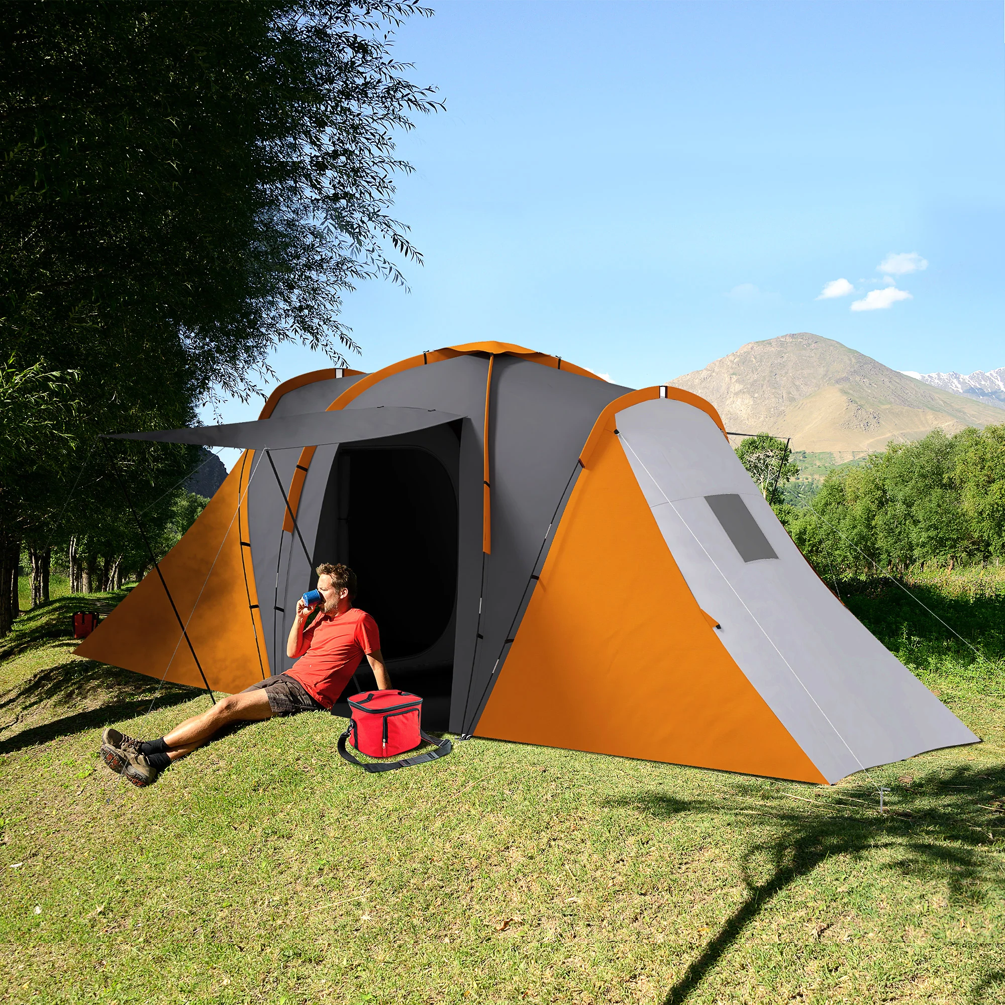 Outsunny 4-6 Man Camping Tent With 2 Bedroom And Living Area, Grey And Orange - Image 11