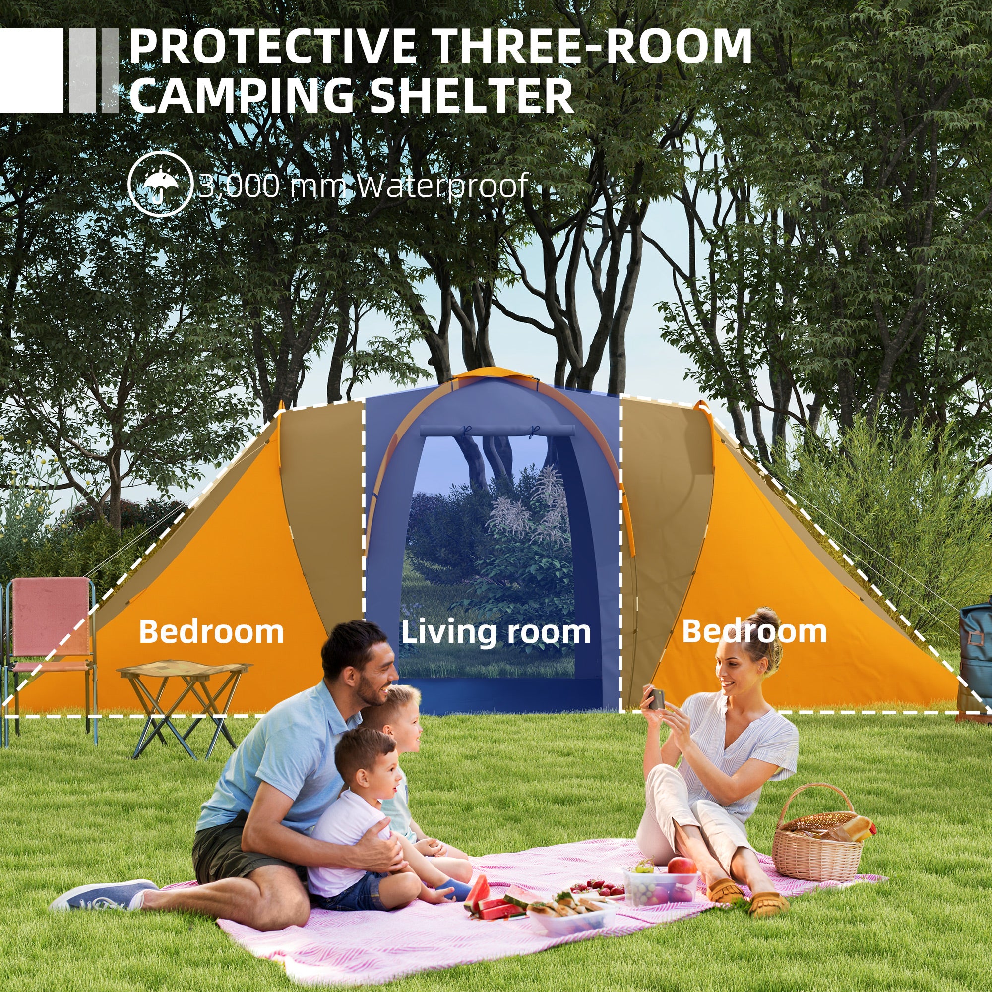 Outsunny 4-6 Man Camping Tent With 2 Bedroom And Living Area, Grey And Orange - Image 12