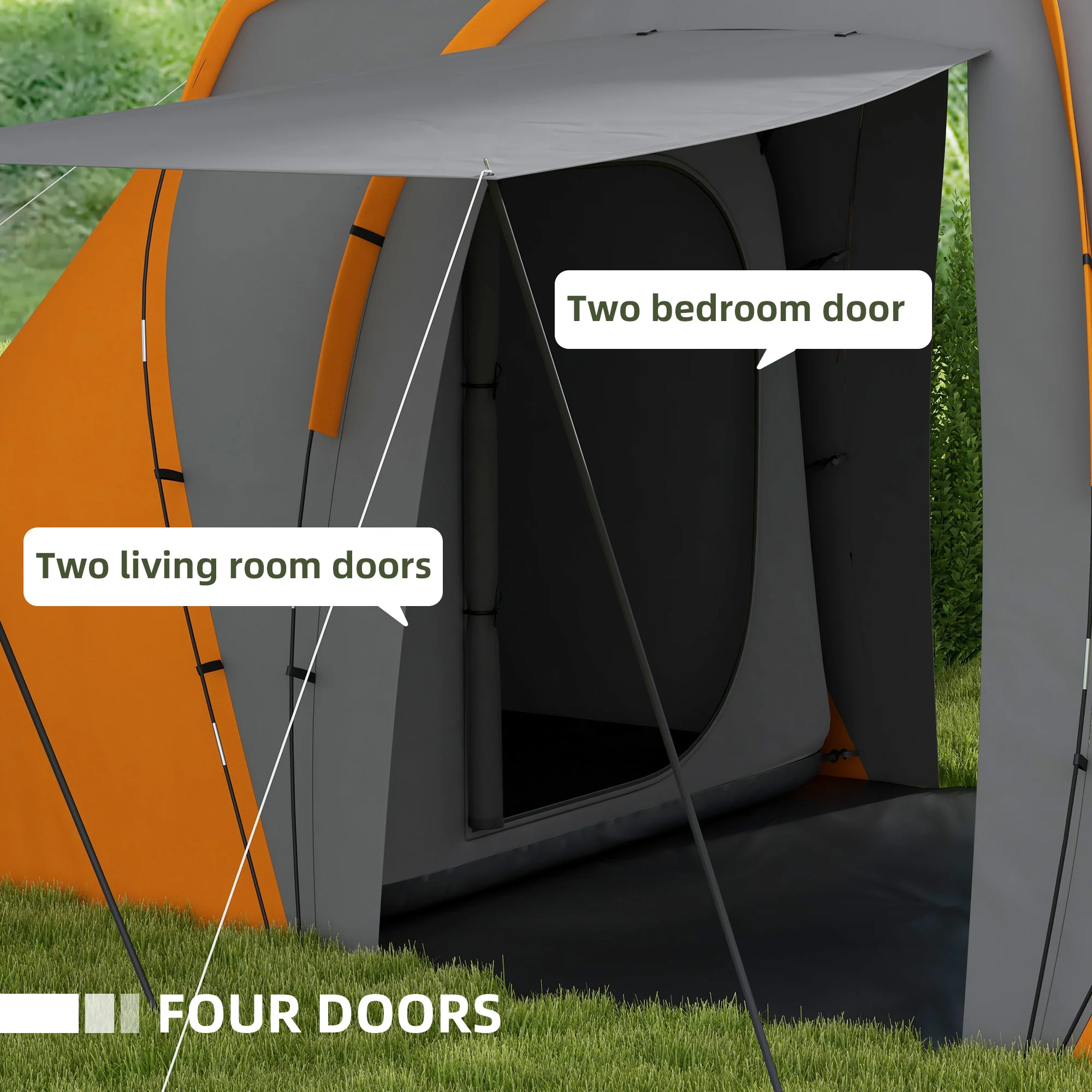Outsunny 4-6 Man Camping Tent With 2 Bedroom And Living Area, Grey And Orange - Image 13