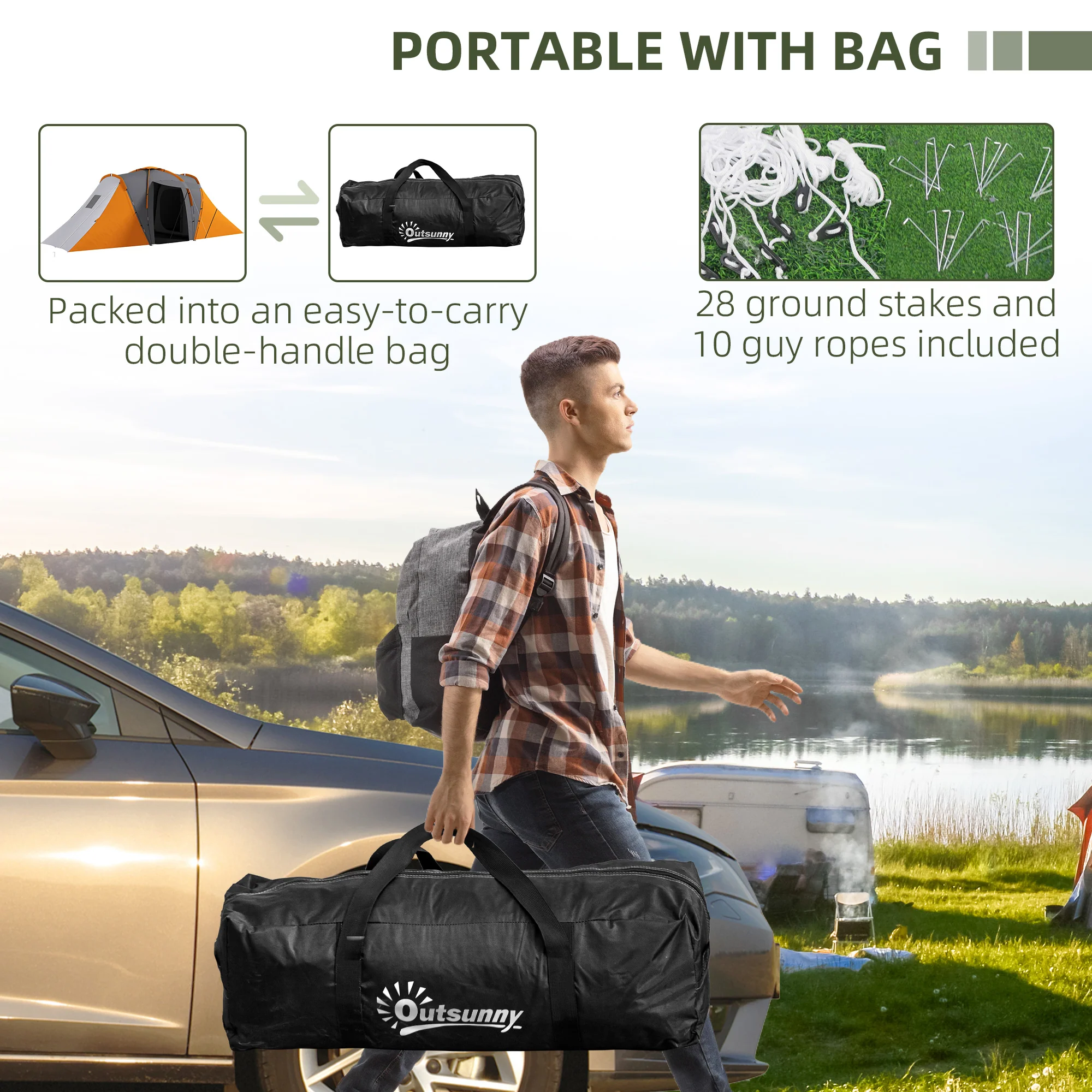 Outsunny 4-6 Man Camping Tent With 2 Bedroom And Living Area, Grey And Orange - Image 16