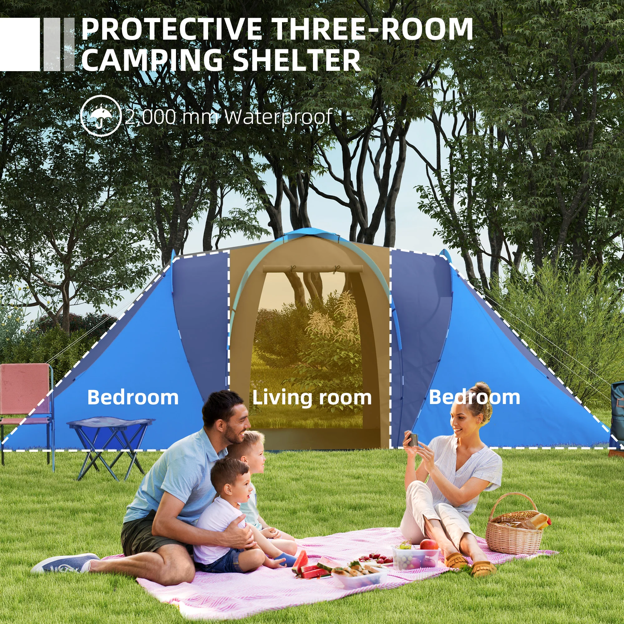 Outsunny 4-6 Man Camping Tent With 2 Bedroom And Living Area, Grey And Orange - Image 3