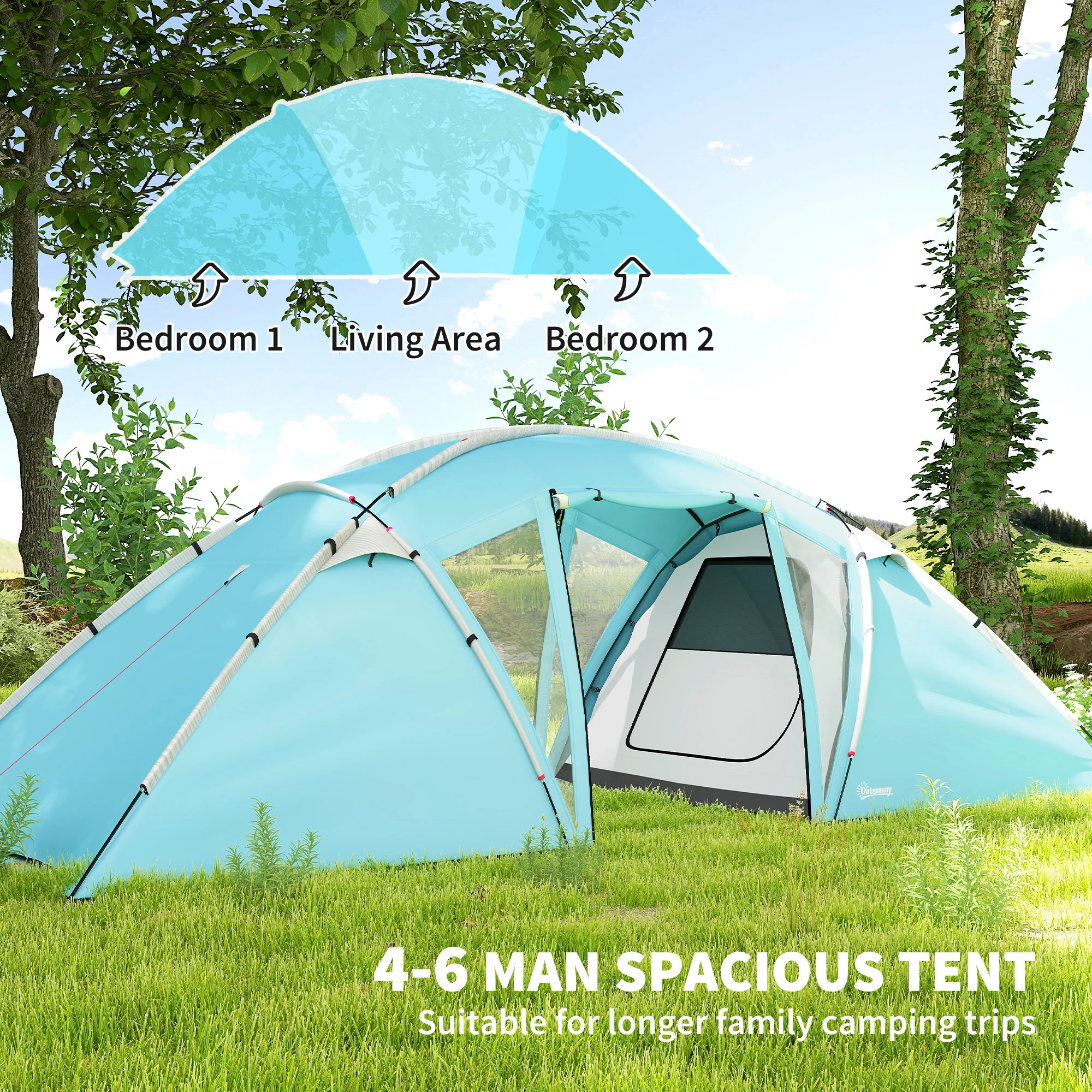 Outsunny 4-6 Man Family Camping Tent W/ 2 Bedrooms, A Living Room - Grey/Blue - Image 3