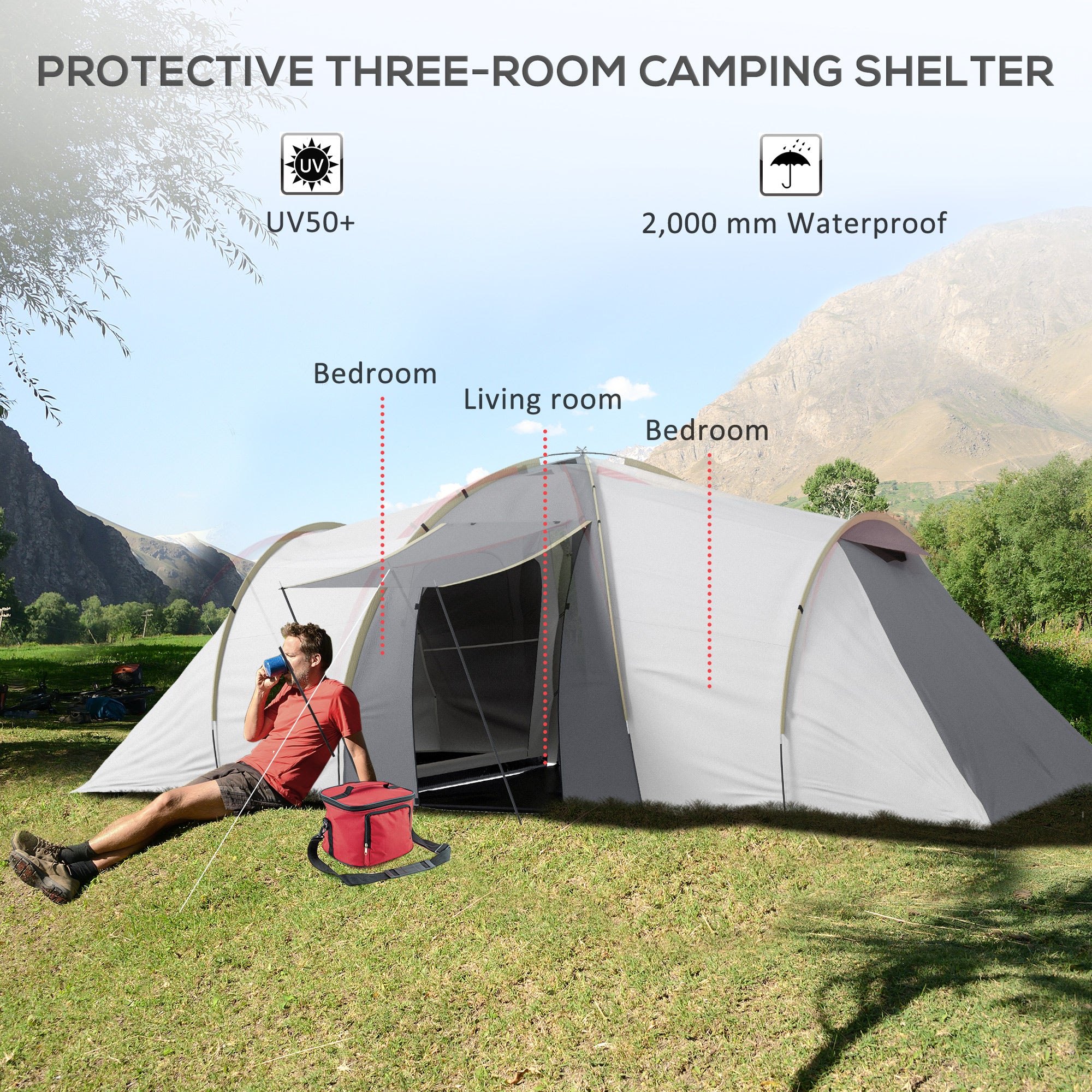 Outsunny 4-6 Person Camping Tent with 2 Bedroom, Living Area and Vestibule - Image 3