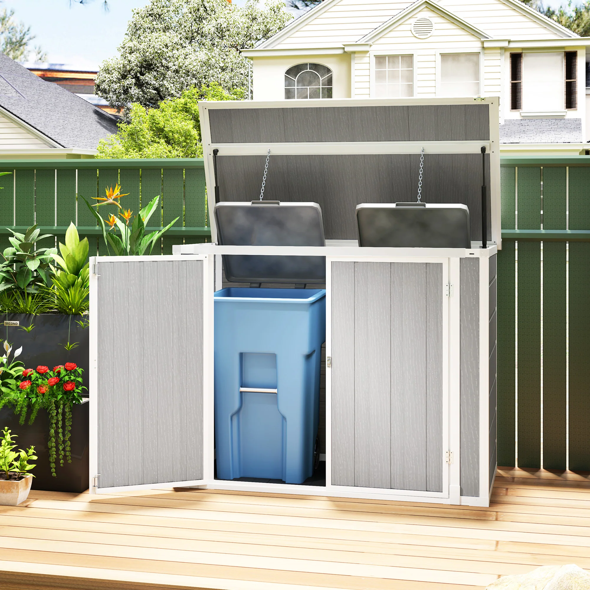 Outsunny 4.7 x 2.5FT Lockable Garden Shed, 2-Bin Storage Shed, Light Grey - Image 11