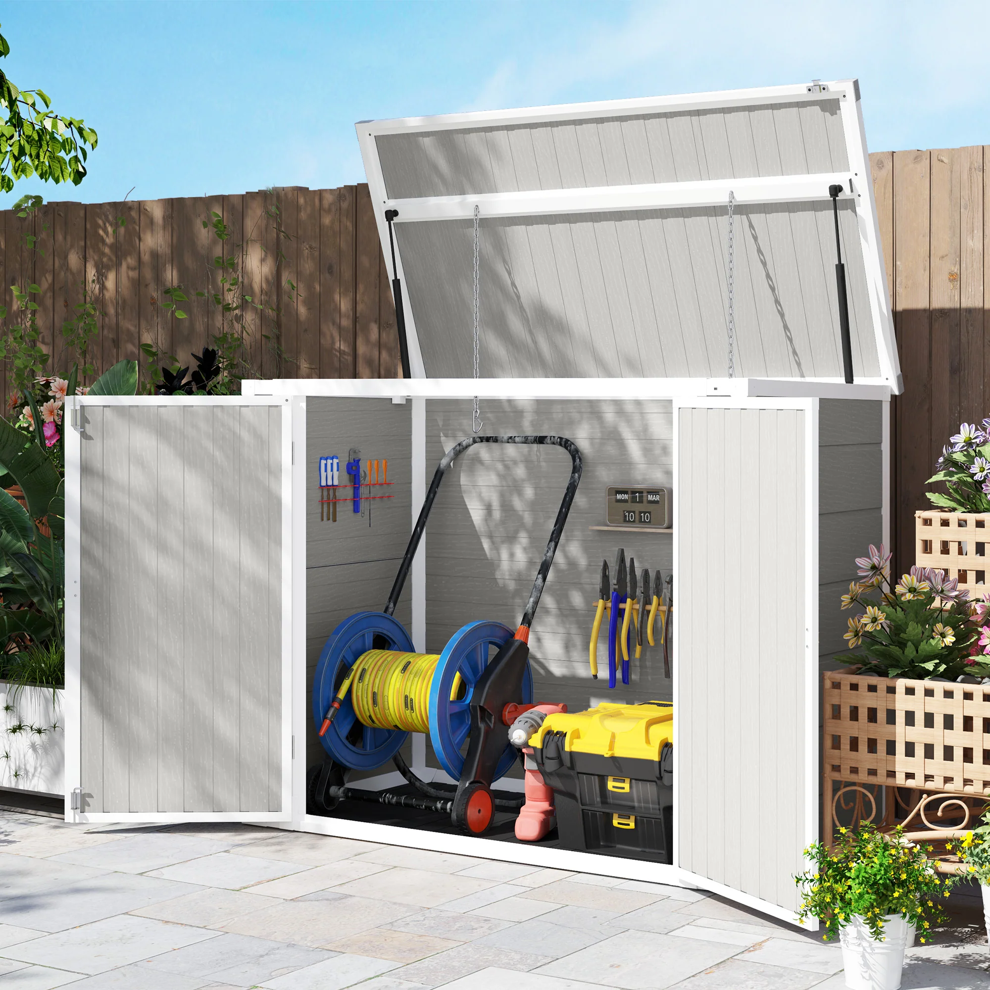 Outsunny 4.7 x 2.5FT Lockable Garden Shed, 2-Bin Storage Shed, Light Grey - Image 17