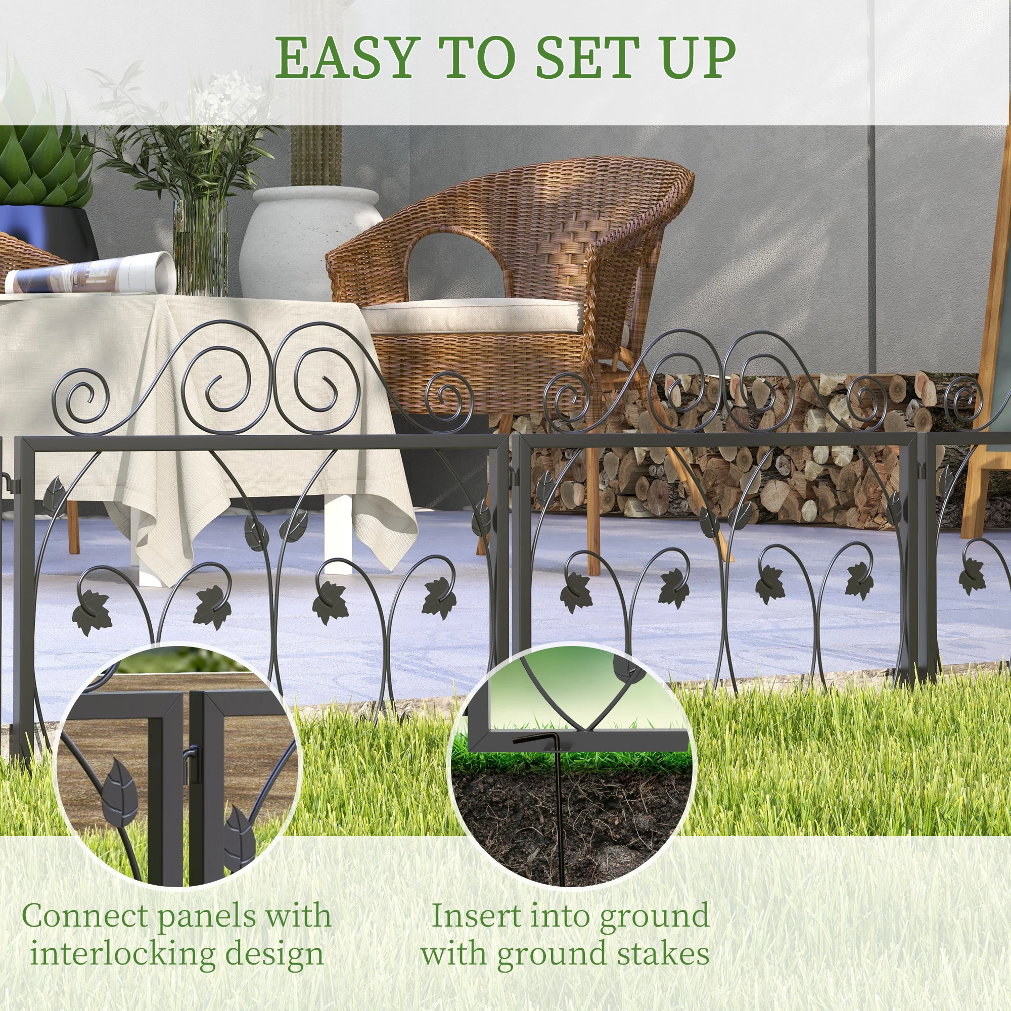 Outsunny 4 Panels Decorative Garden Fence Metal Wire No Dig Fencing Black - Image 3