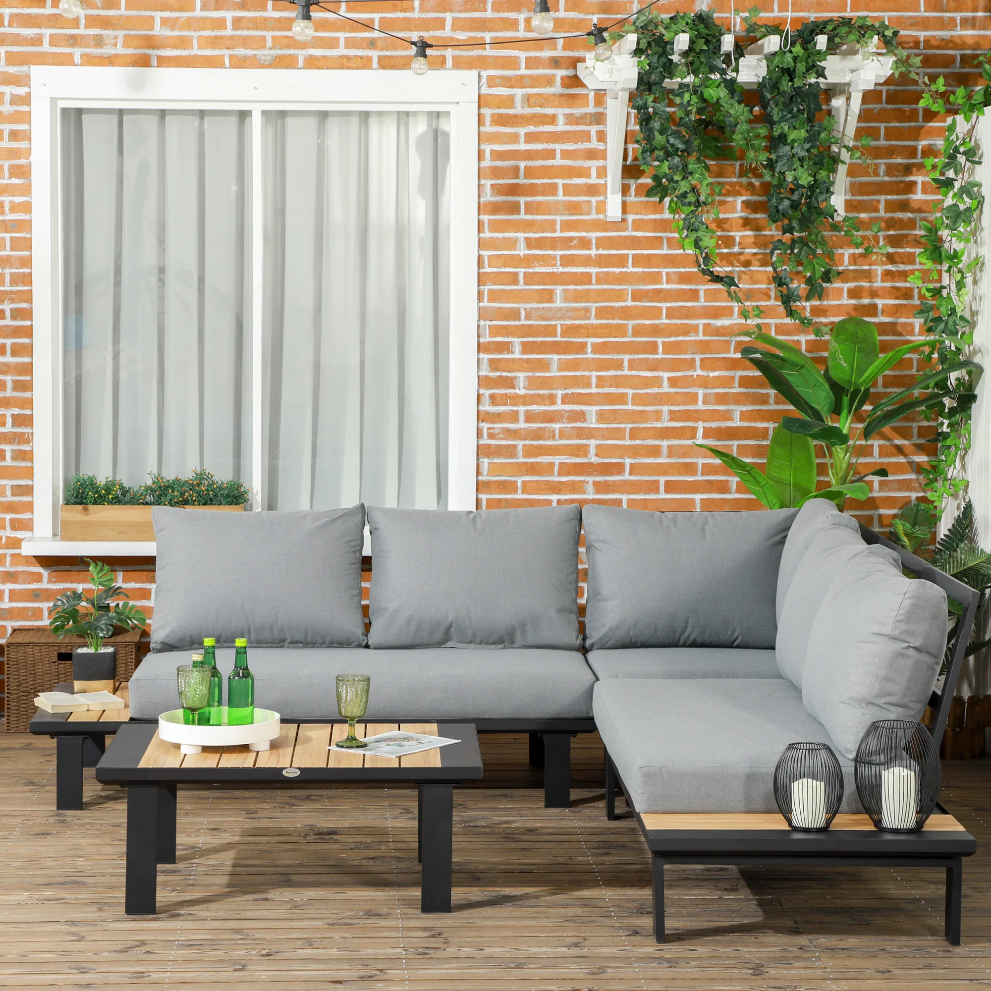 Outsunny 4 PCS Garden Furniture Conversation Set w/ Loveseat Table, Grey - Image 2