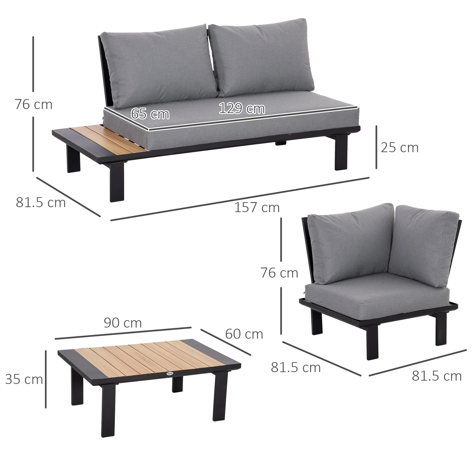 Outsunny 4 PCS Garden Furniture Conversation Set w/ Loveseat Table, Grey - Image 5