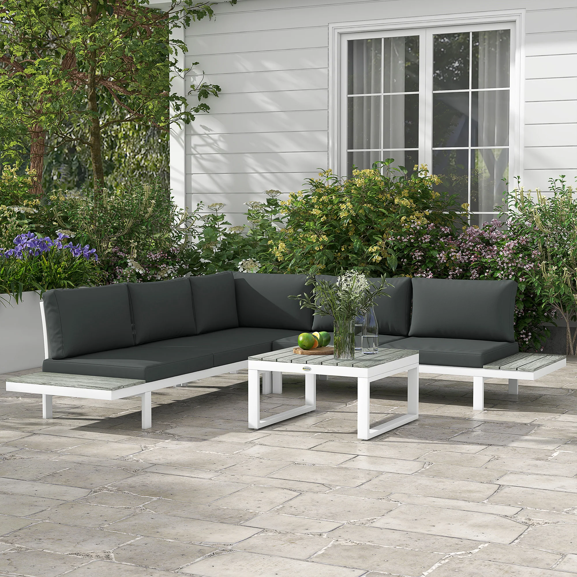 Outsunny 4 PCs Garden Set w/ 5-Level Recline Corner Conversation Sofa Set White - Image 2