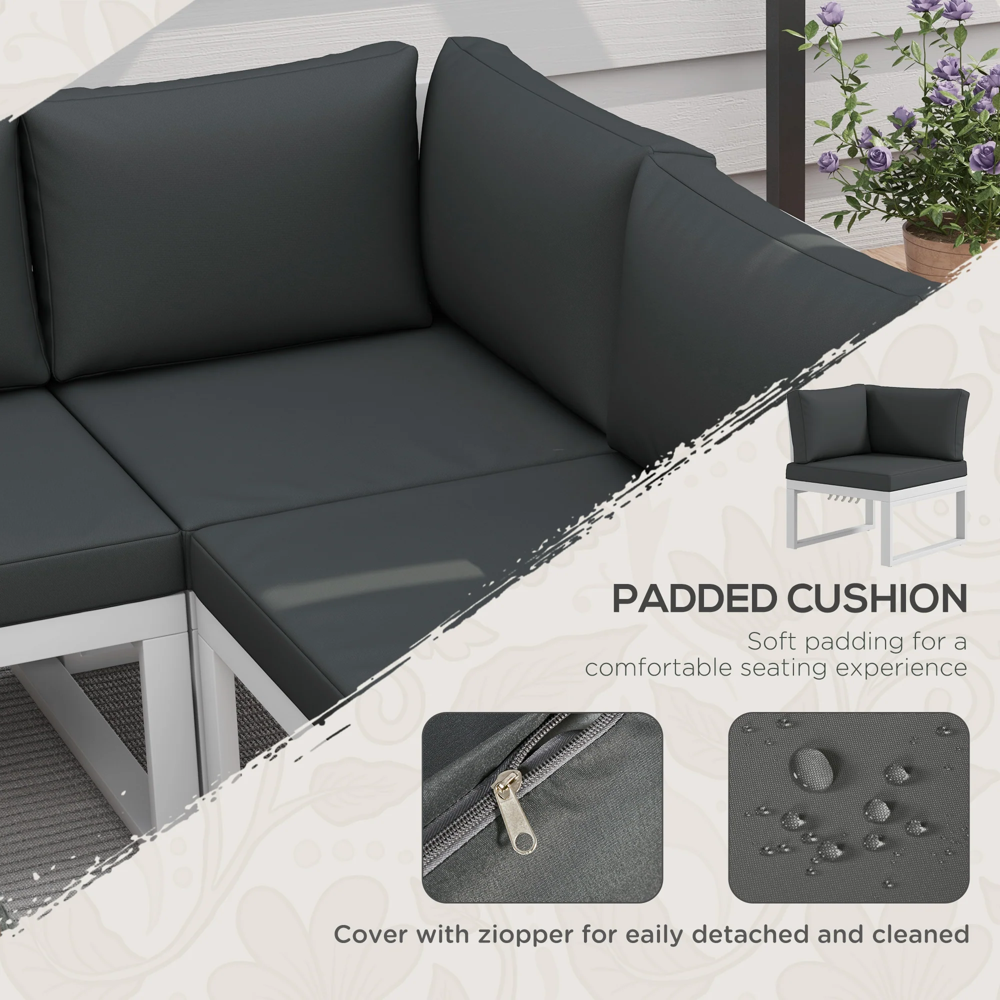 Outsunny 4 PCs Garden Set w/ 5-Level Recline Corner Conversation Sofa Set White - Image 4