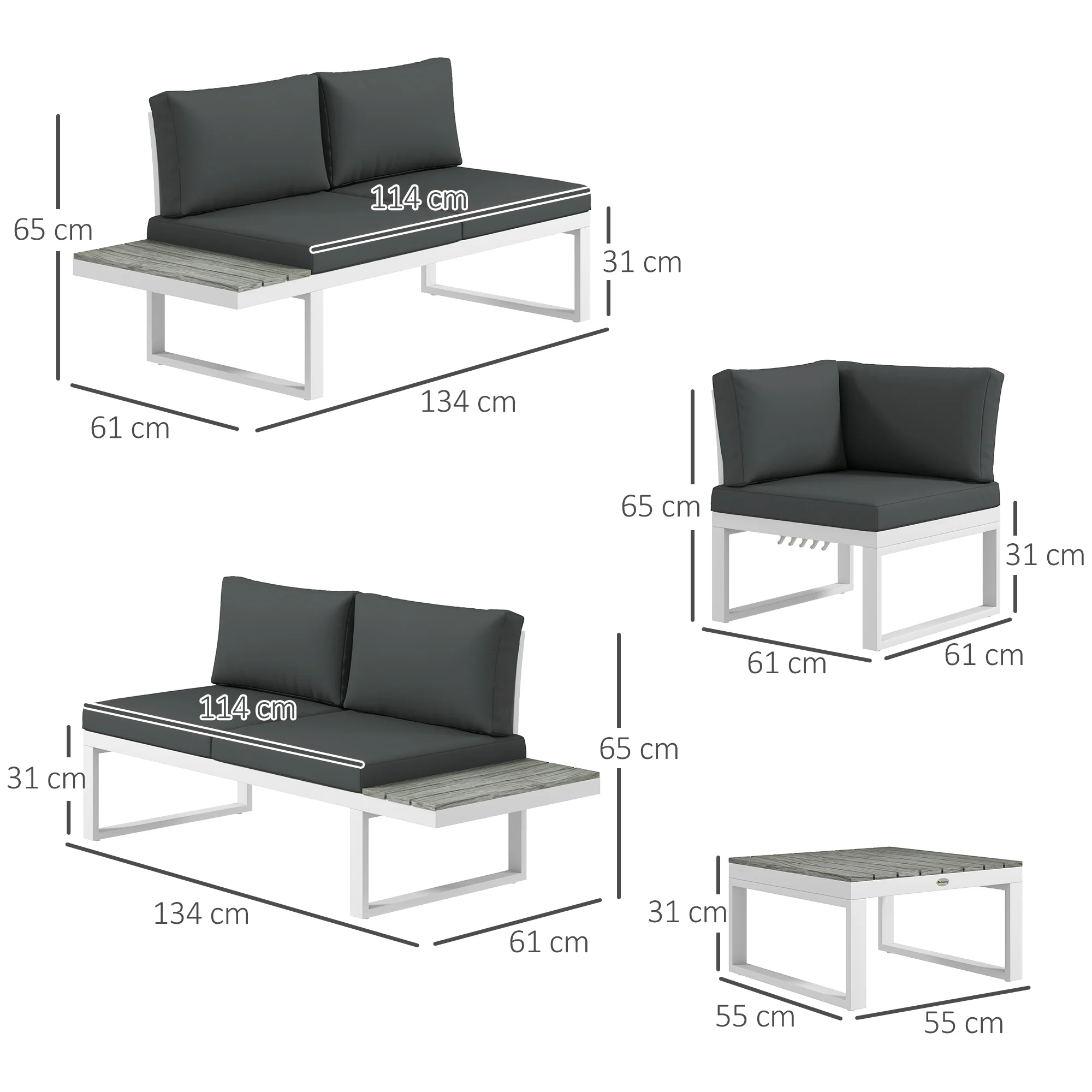 Outsunny 4 PCs Garden Set w/ 5-Level Recline Corner Conversation Sofa Set White - Image 5