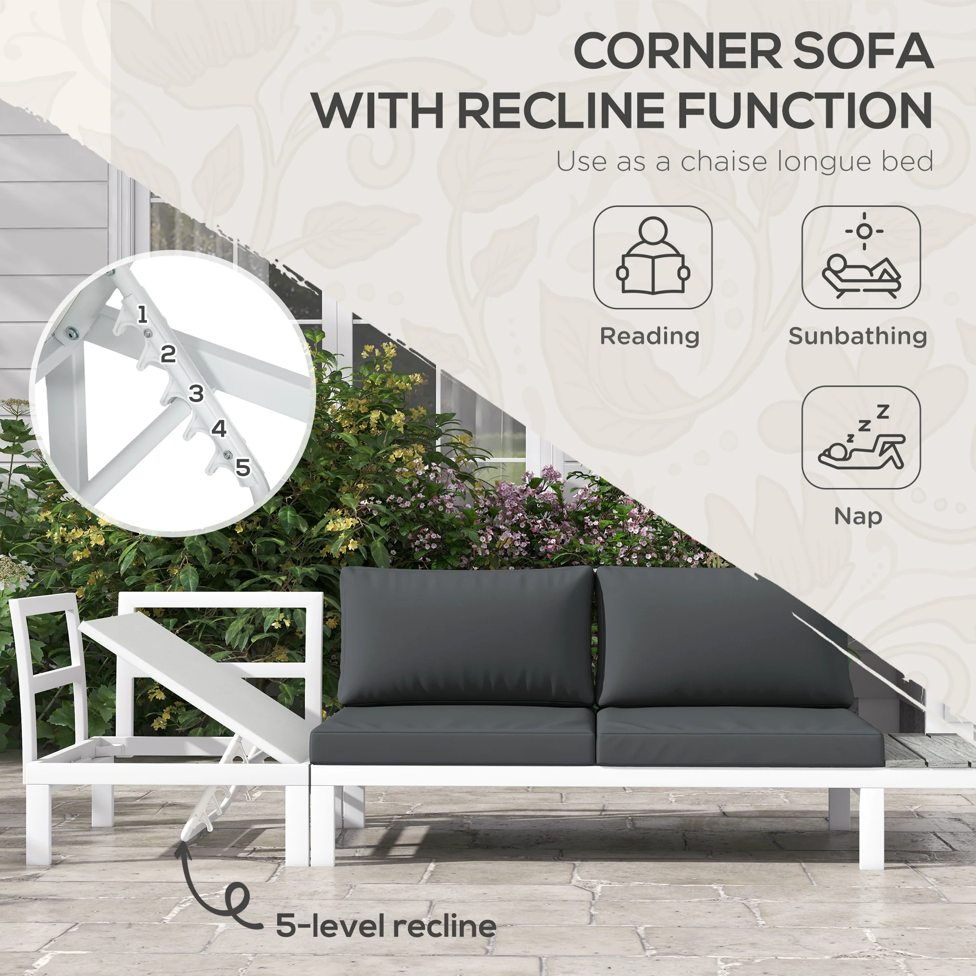 Outsunny 4 PCs Garden Set w/ 5-Level Recline Corner Conversation Sofa Set White - Image 6