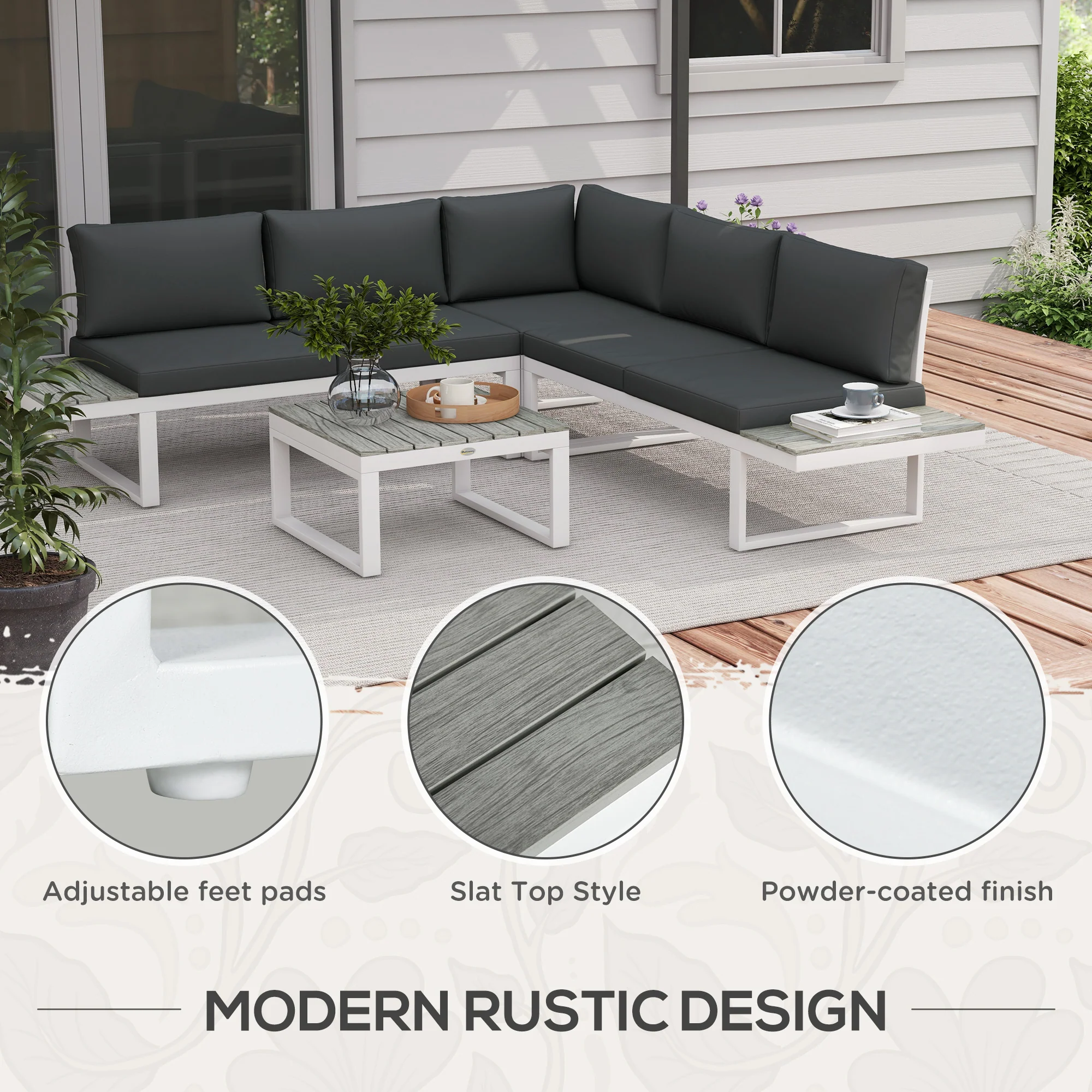 Outsunny 4 PCs Garden Set w/ 5-Level Recline Corner Conversation Sofa Set White - Image 7