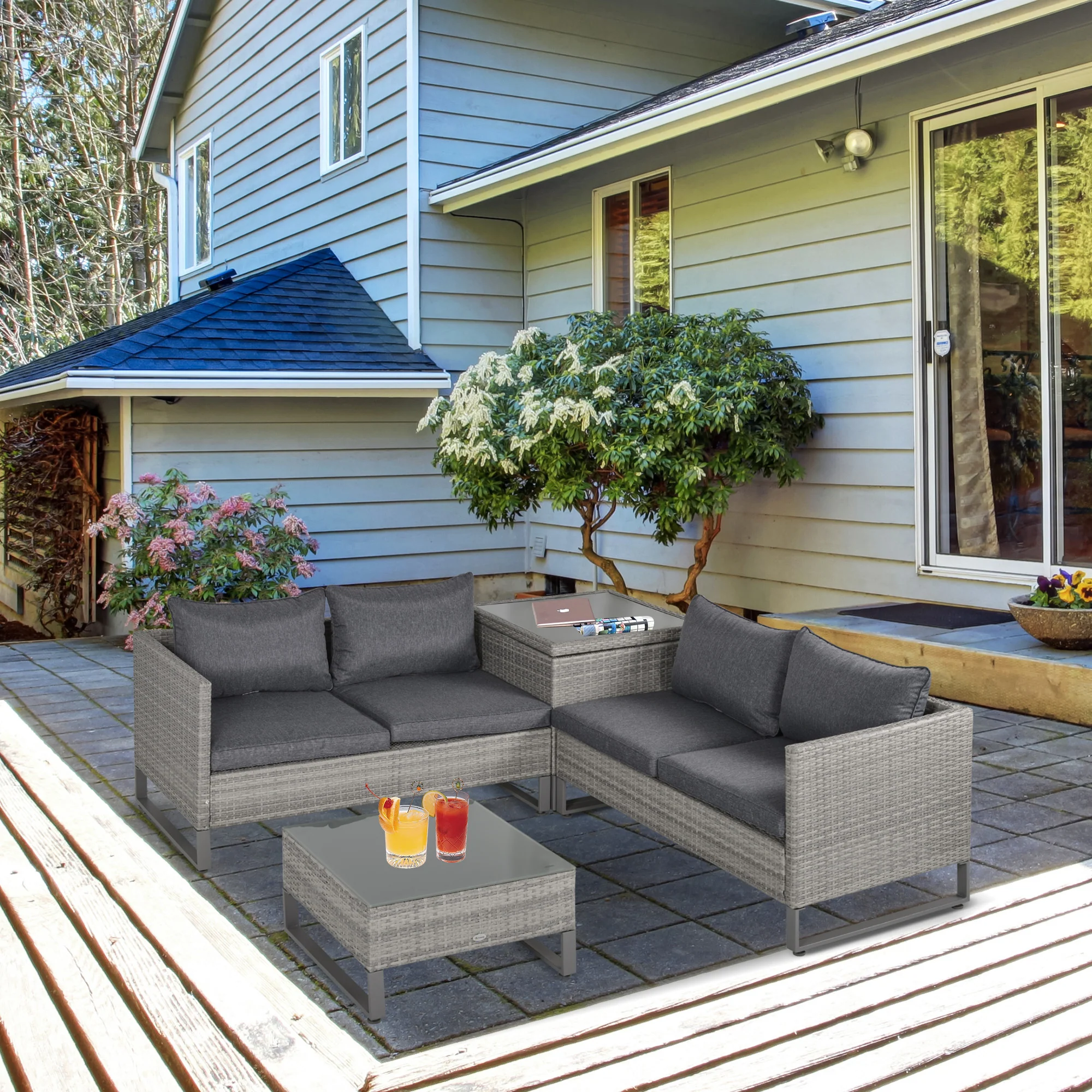 Outsunny 4 PCs Rattan Wicker Sofa Set Conservatory Furniture w/ Side Storage Box - Image 2