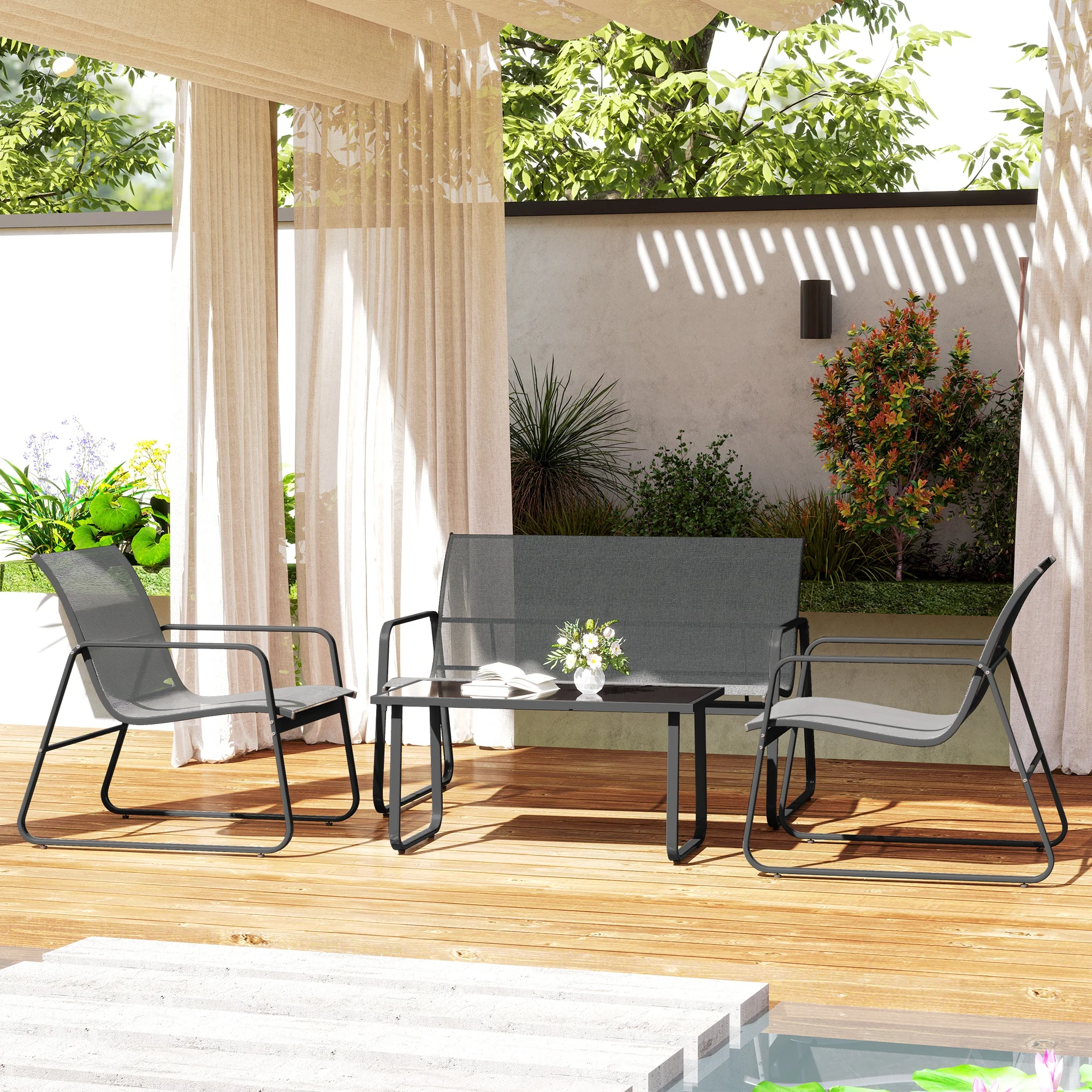 Outsunny 4 Piece Garden Furniture Set Patio Sofa Set w/ Chairs, Glass Top Table - Image 11