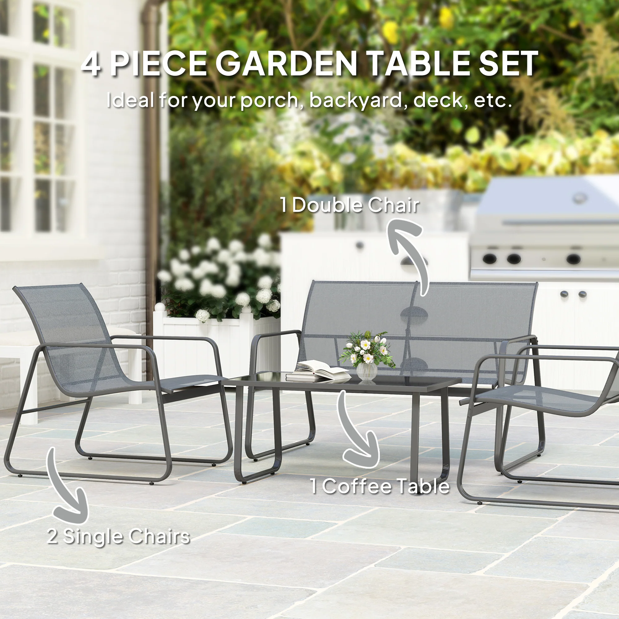 Outsunny 4 Piece Garden Furniture Set Patio Sofa Set w/ Chairs, Glass Top Table - Image 12