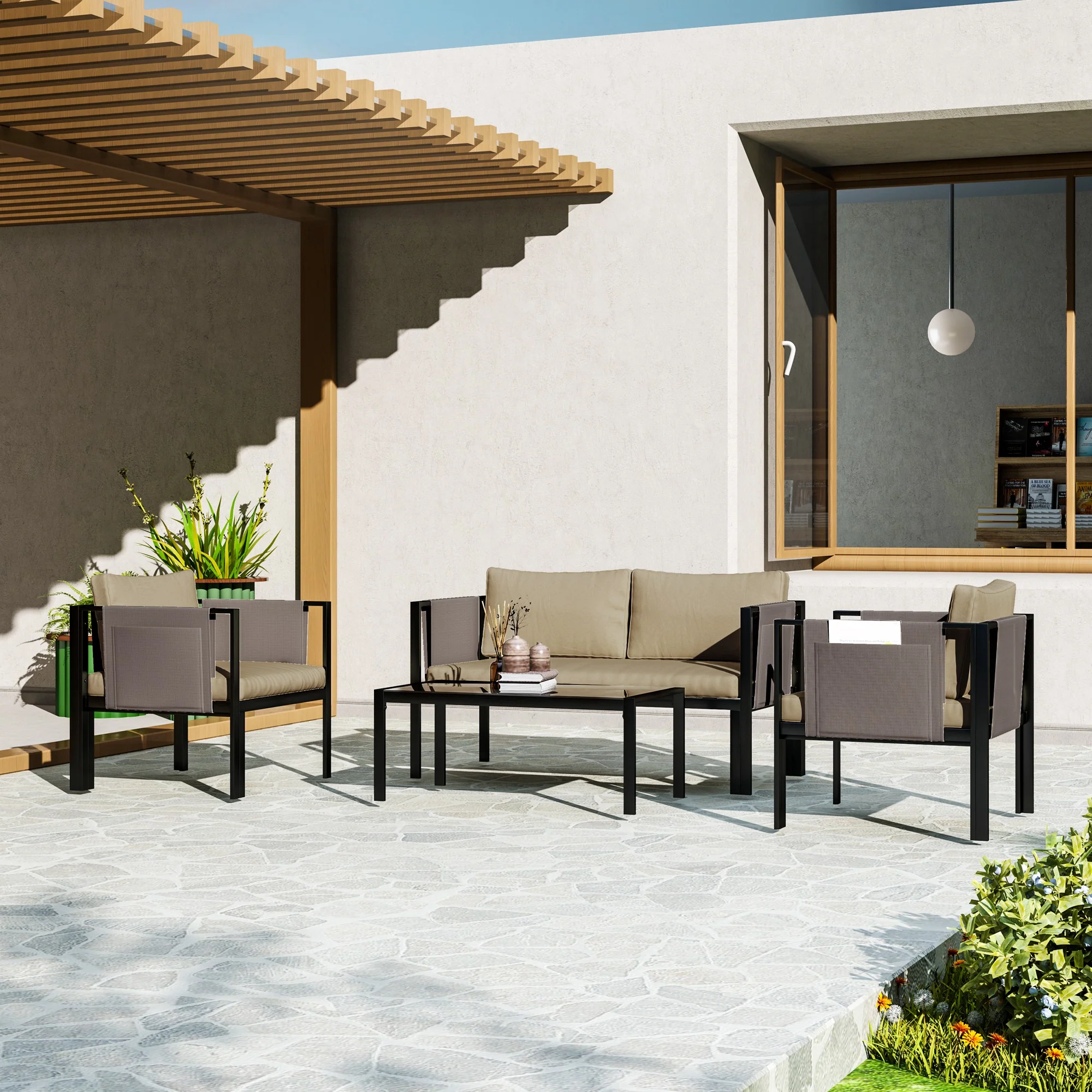 Outsunny 4 Piece Garden Sofa Set w/ Tempered Glass Coffee Table Khaki - Image 2