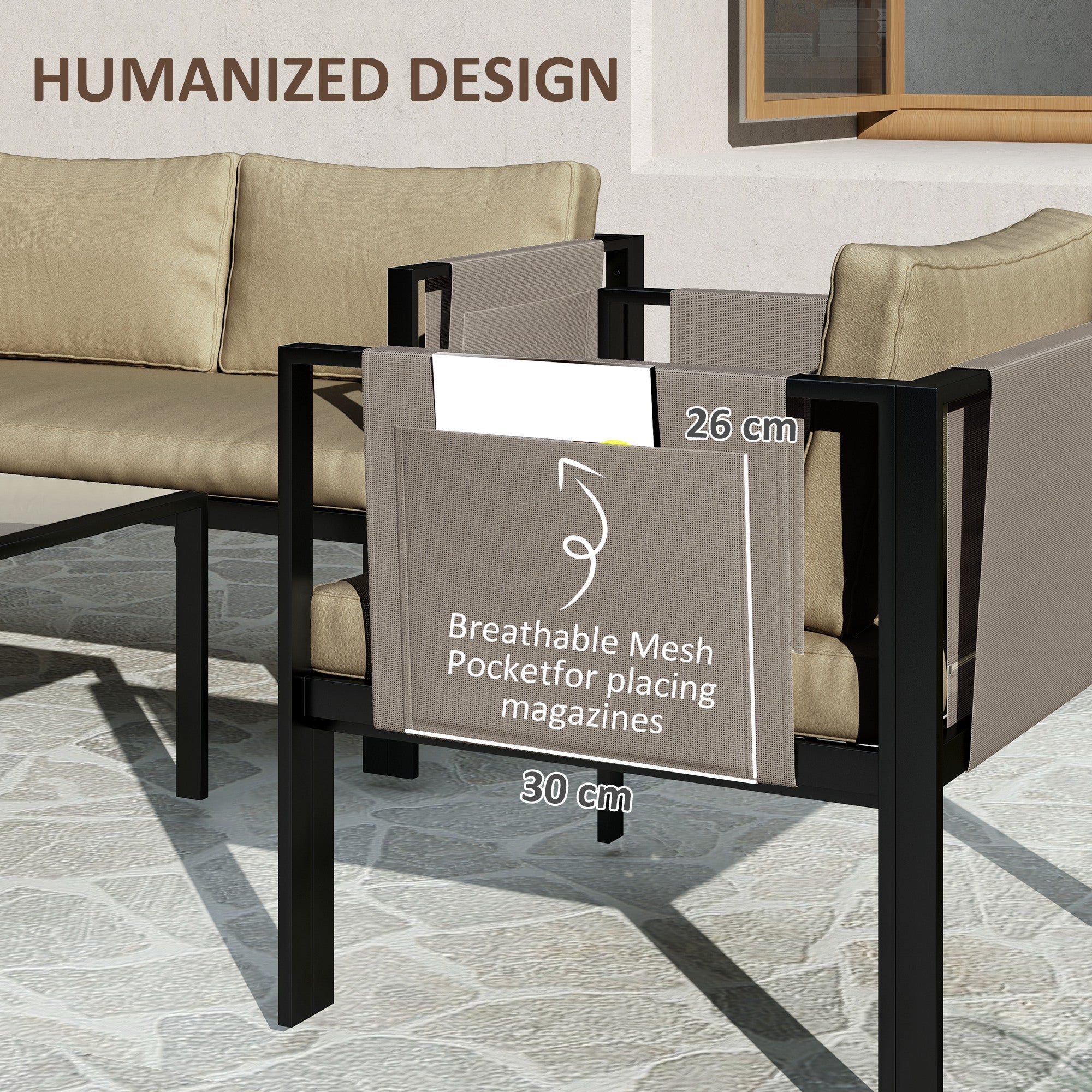 Outsunny 4 Piece Garden Sofa Set w/ Tempered Glass Coffee Table Khaki - Image 3