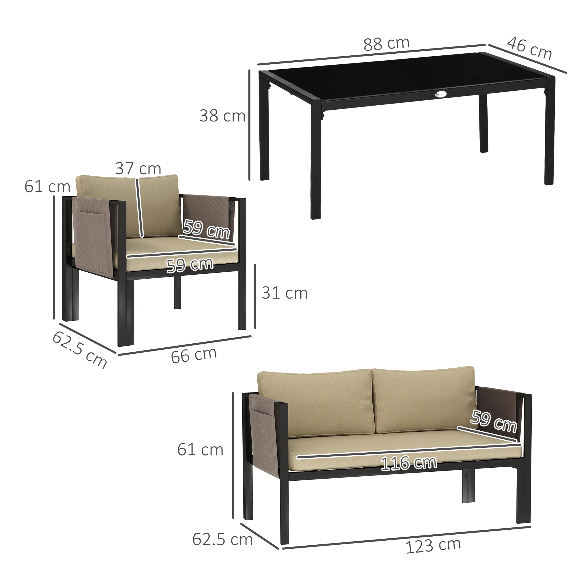 Outsunny 4 Piece Garden Sofa Set w/ Tempered Glass Coffee Table Khaki - Image 5