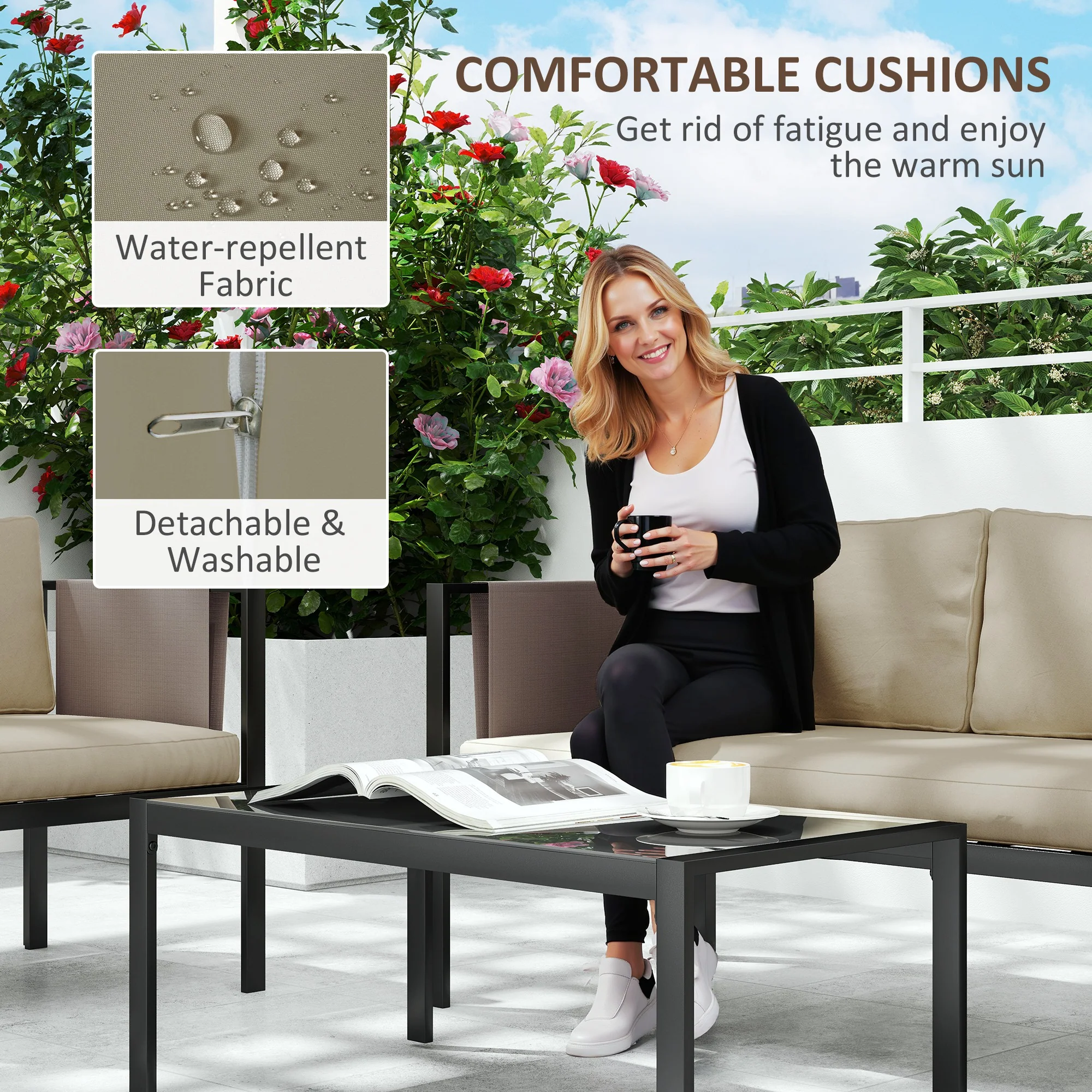 Outsunny 4 Piece Garden Sofa Set w/ Tempered Glass Coffee Table Khaki - Image 6