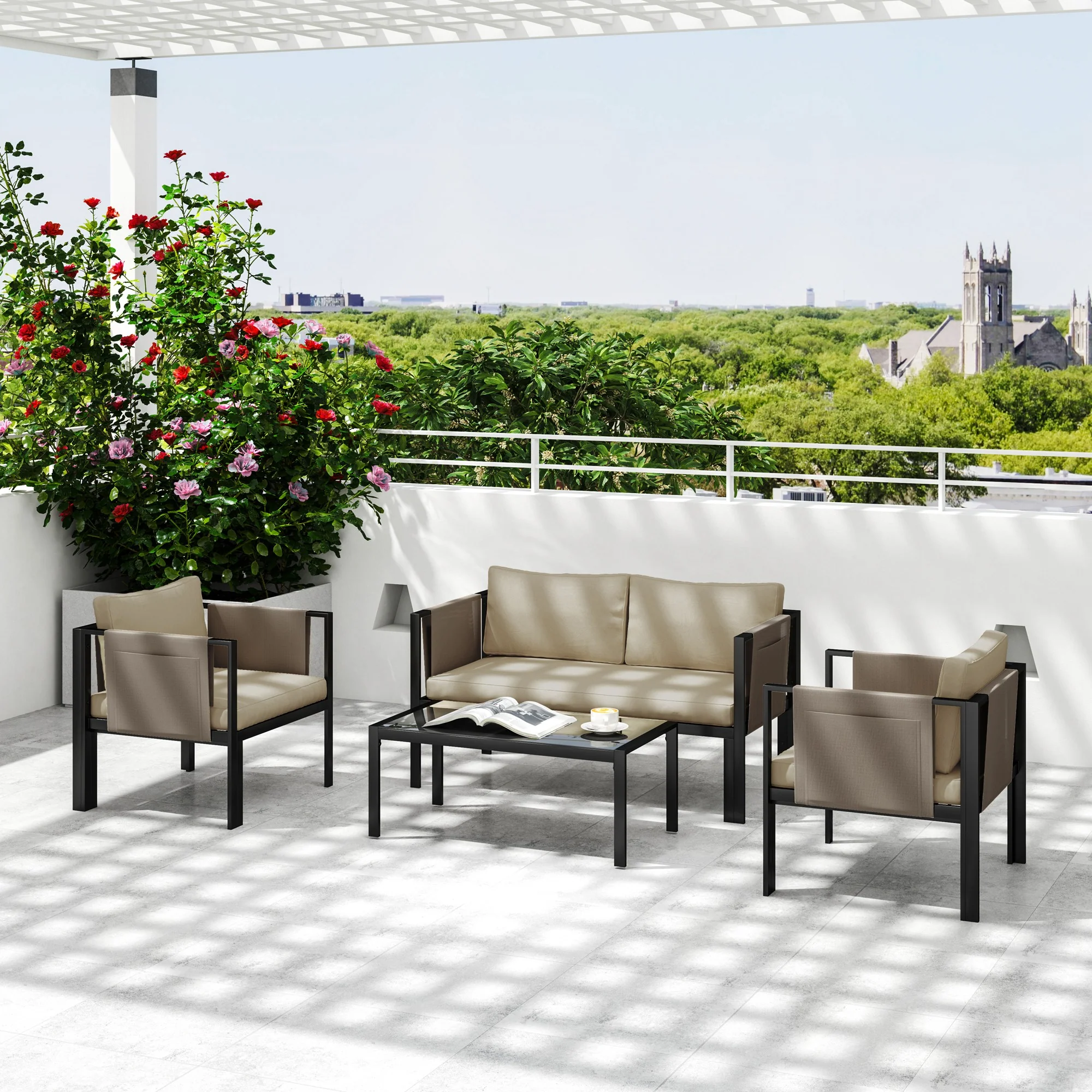 Outsunny 4 Piece Garden Sofa Set w/ Tempered Glass Coffee Table Khaki - Image 8