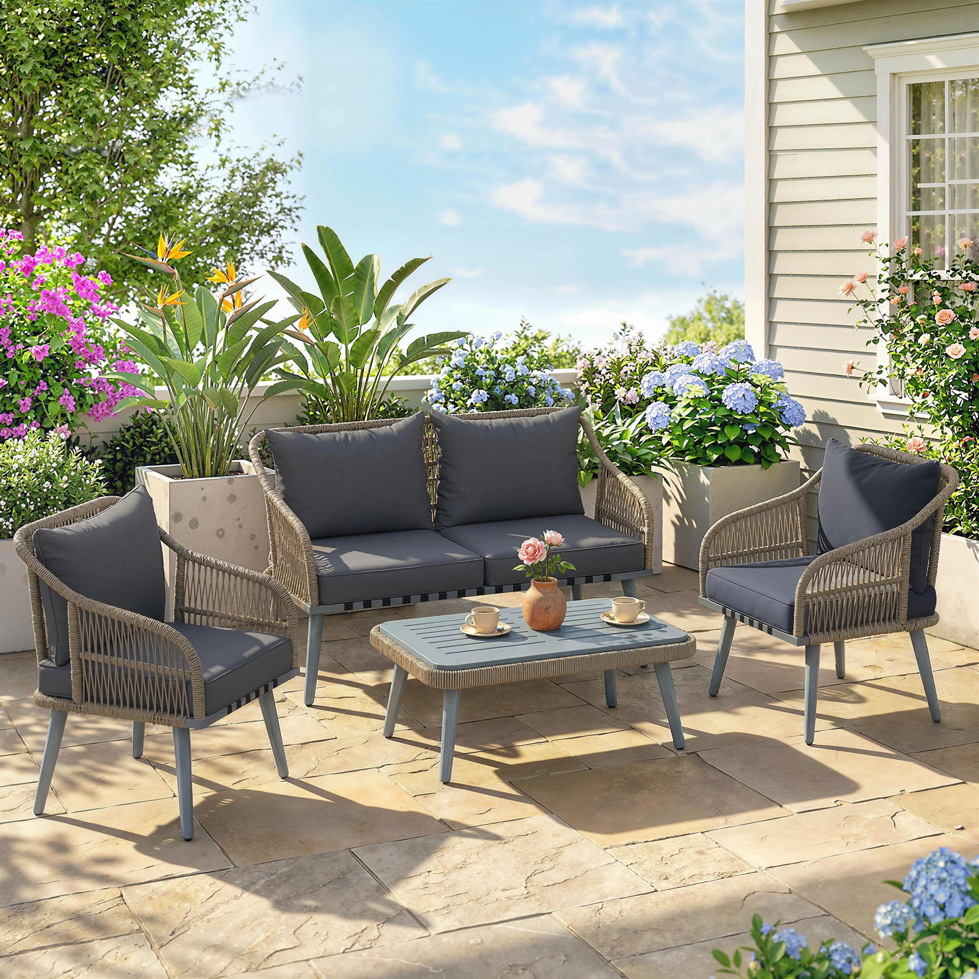 Outsunny 4 Piece Rattan Garden Furniture Set w/ Thick Cushions, Grey - Image 2