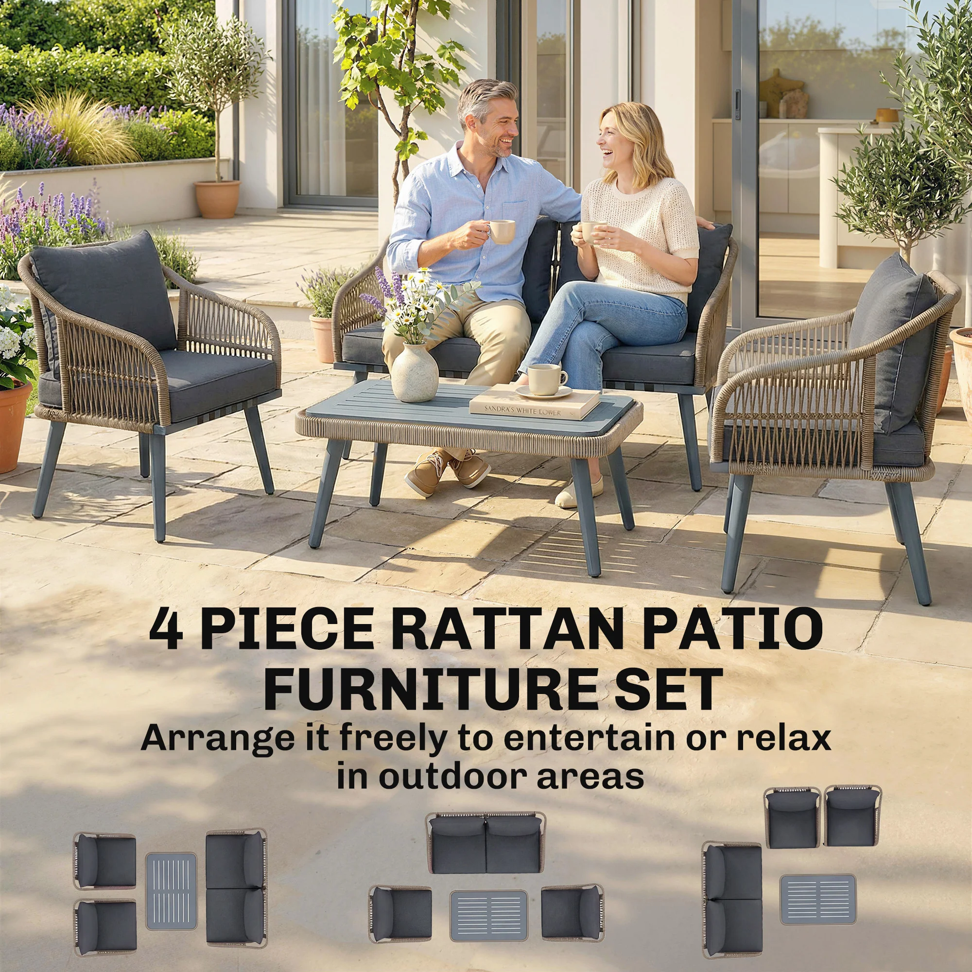 Outsunny 4 Piece Rattan Garden Furniture Set w/ Thick Cushions, Grey - Image 3