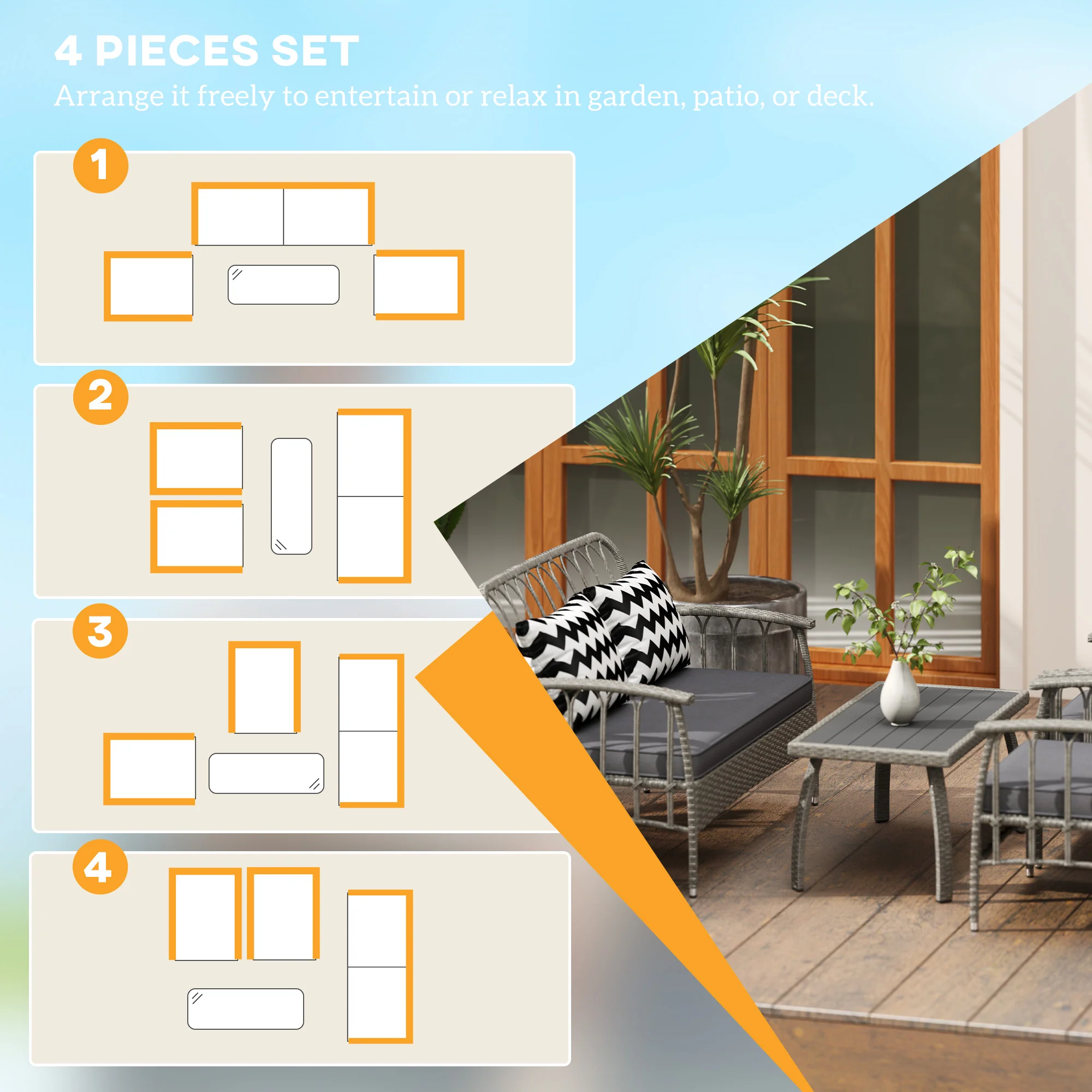 Outsunny 4 Piece Rattan Garden Furniture Set with Adjustable Back, Grey - Image 3