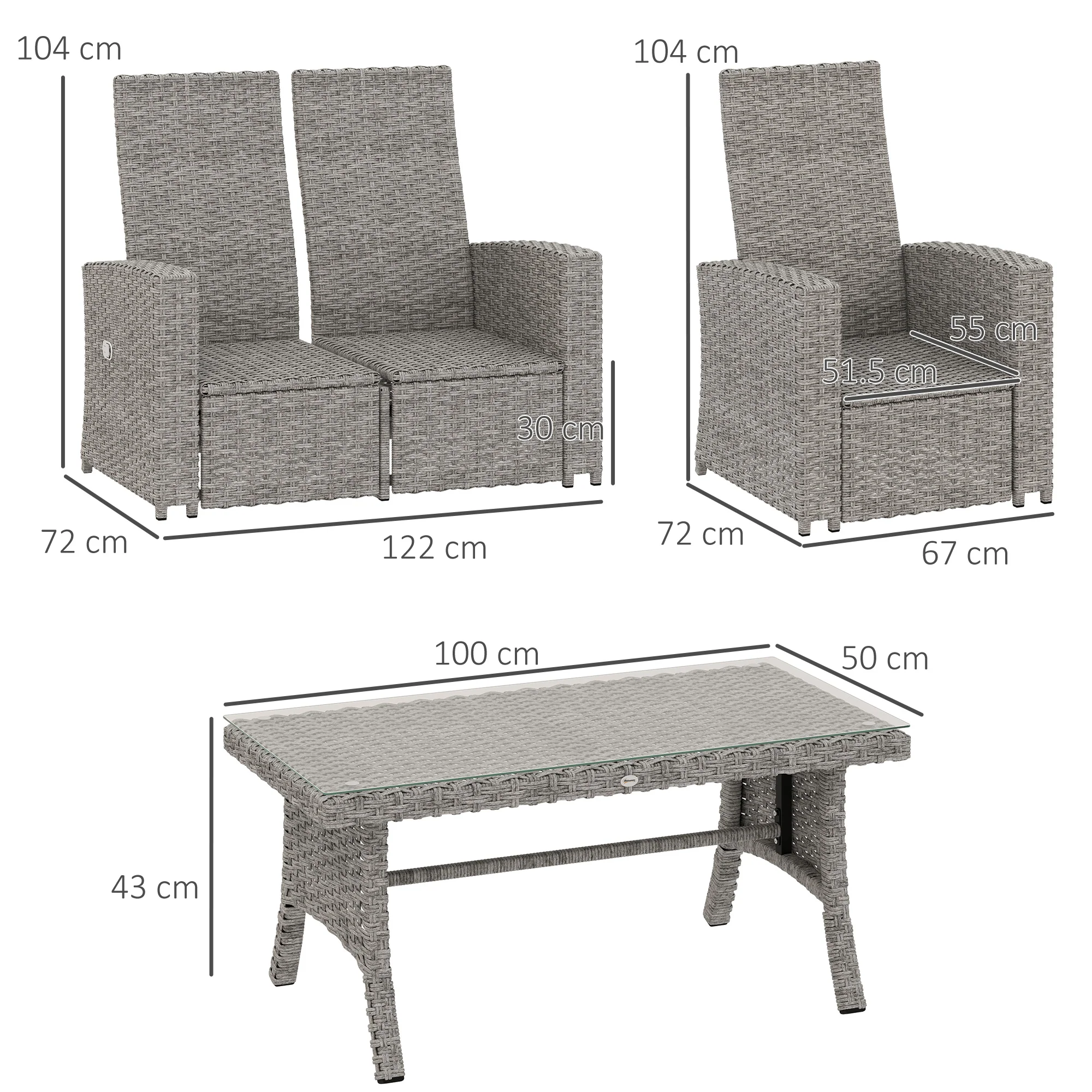 Outsunny 4 Piece Rattan Garden Furniture Set with Sofa, Glass Table, Blue - Image 5